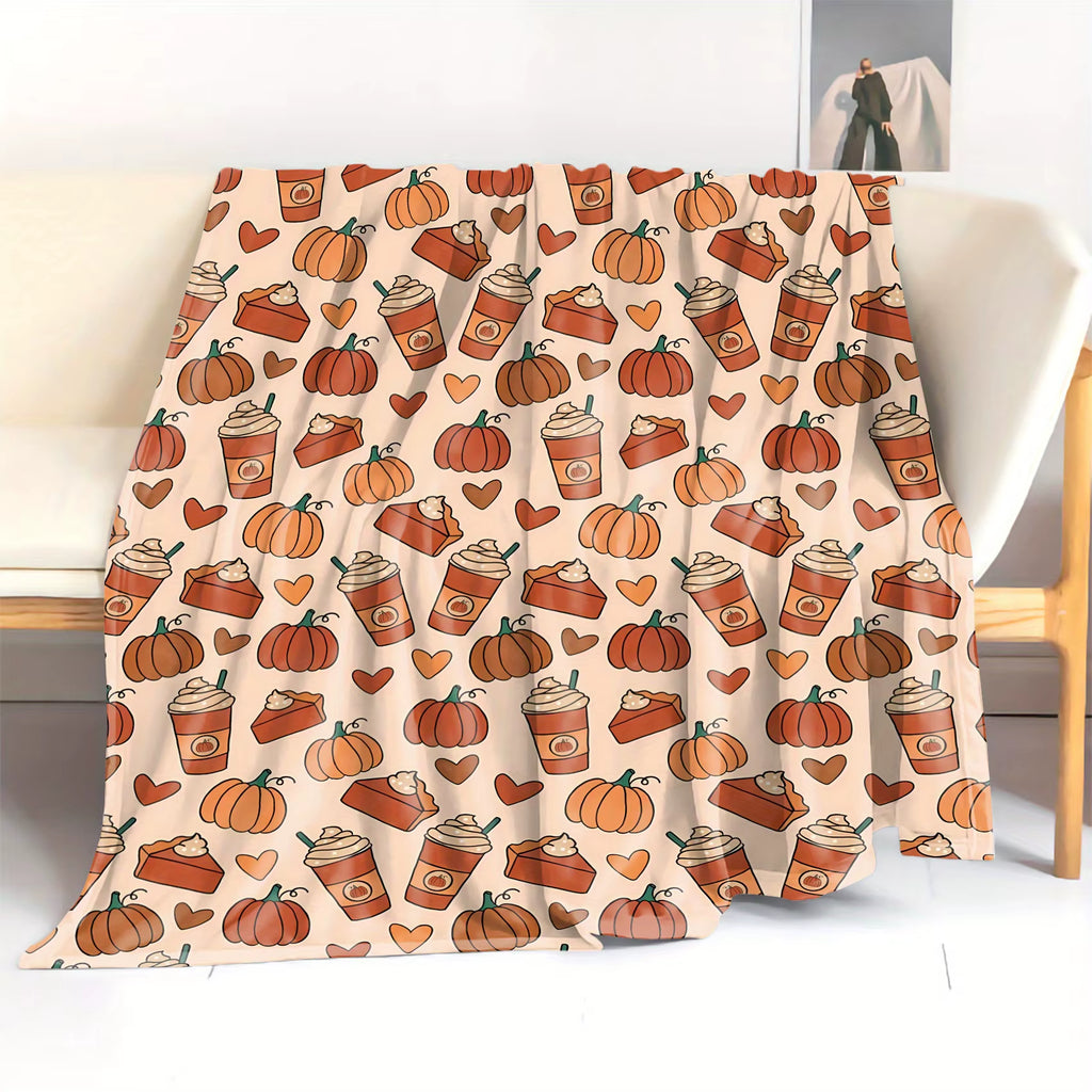 1Pc Pumpkin Spice Latte Fall Thanksgiving Blanket - Soft Flannel Throw with Pumpkin, Beige Autumn Decor for Home, Office