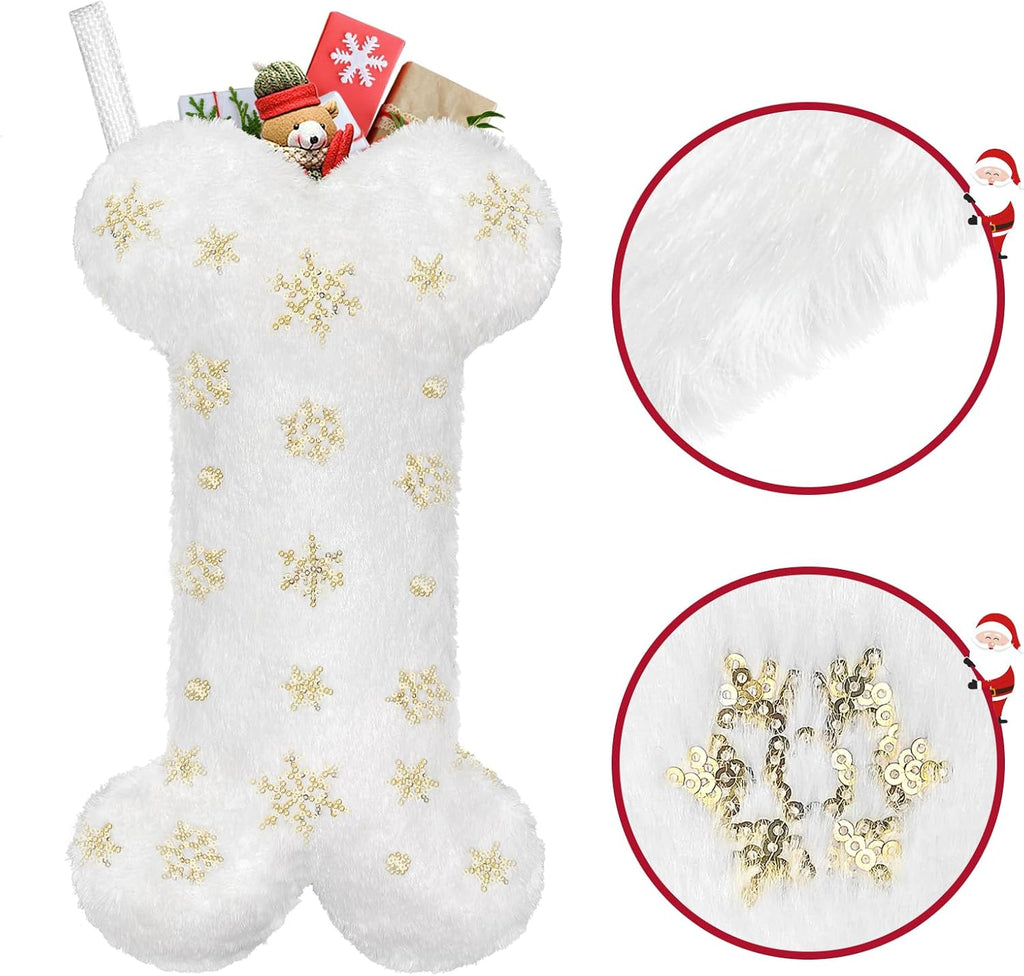 Pet Dog Christmas Stocking, Xmas Luxury Faux Fur Large Bone Shape Hanging with Silver & Gold Snowflakes Sequin Decorations Pets Christmas Stockings for Dogs Cats Pets (Gold Sequins)