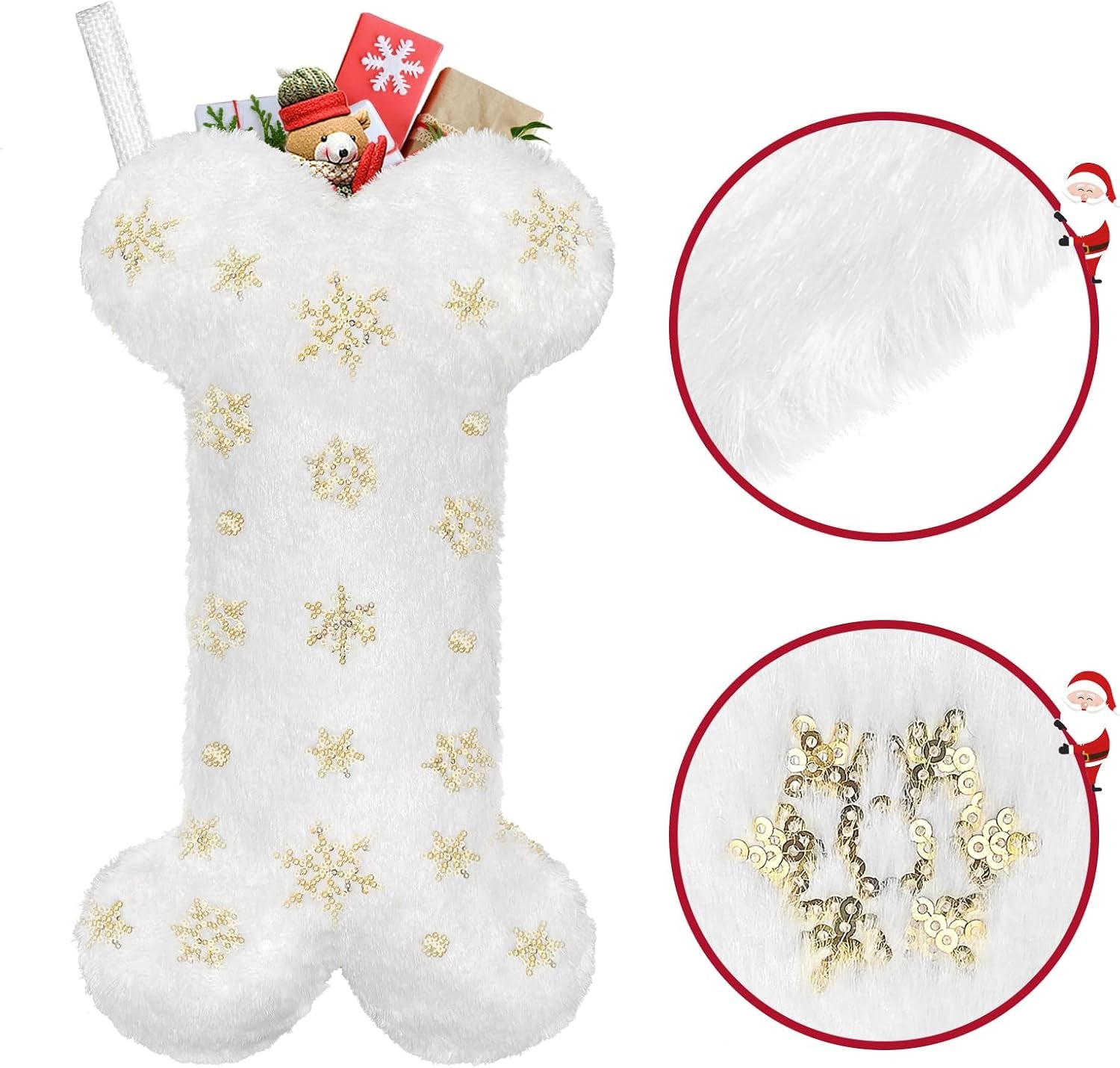 Pet Dog Christmas Stocking, Xmas Luxury Faux Fur Large Bone Shape Hanging with Silver & Gold Snowflakes Sequin Decorations Pets Christmas Stockings for Dogs Cats Pets (Gold Sequins)