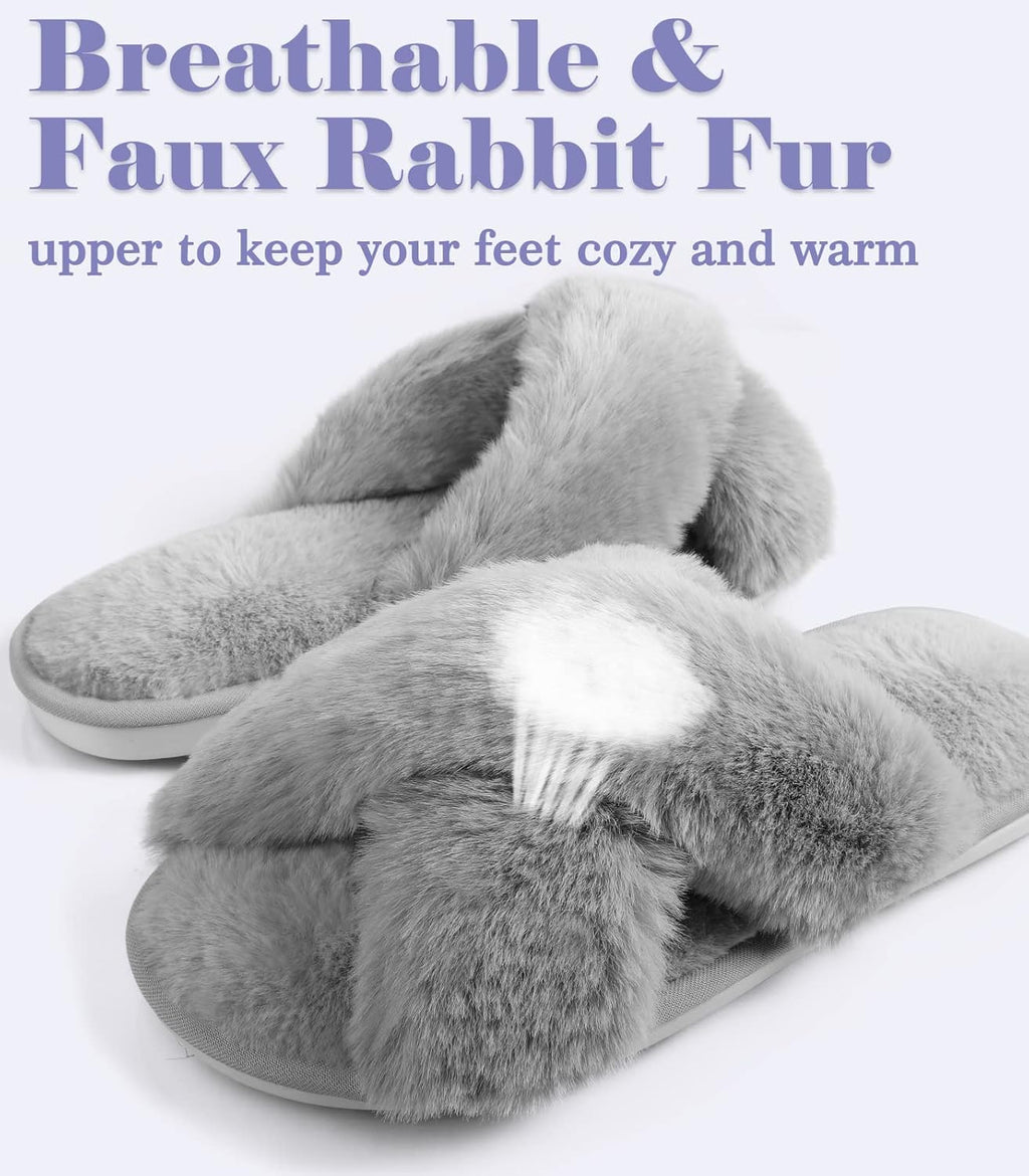 Womens Fuzzy Memory Foam Slippers Cross Band Cozy Plush Home Slippers Fluffy Furry Open Toe House Shoes Indoor Outdoor Slide Slipper