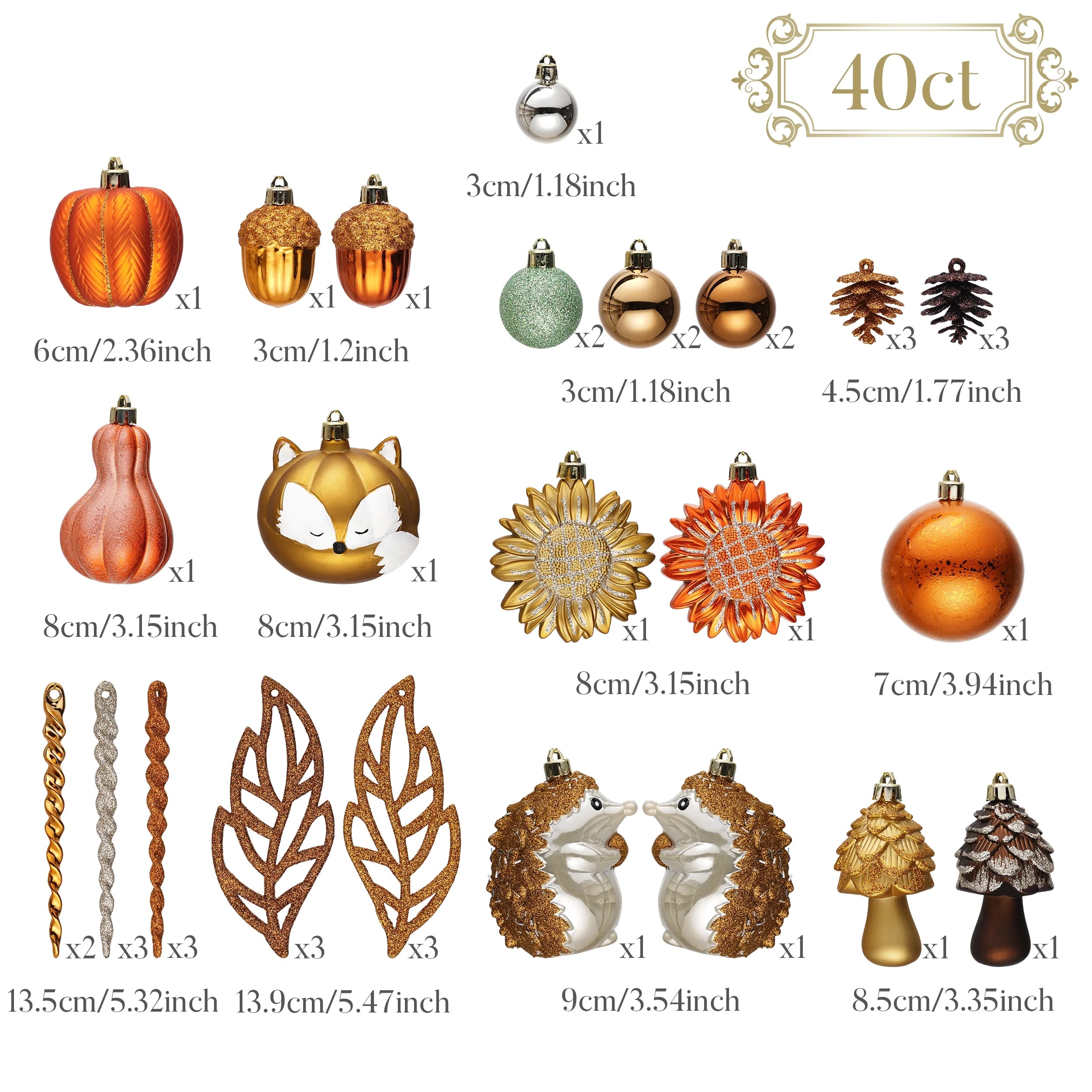 40Ct Shatterproof Fall Ornaments Orange Hanging Harvest Decor Thanksgiving Decorations with Hedgehogs Flowers for Harvest Holiday Party Gift