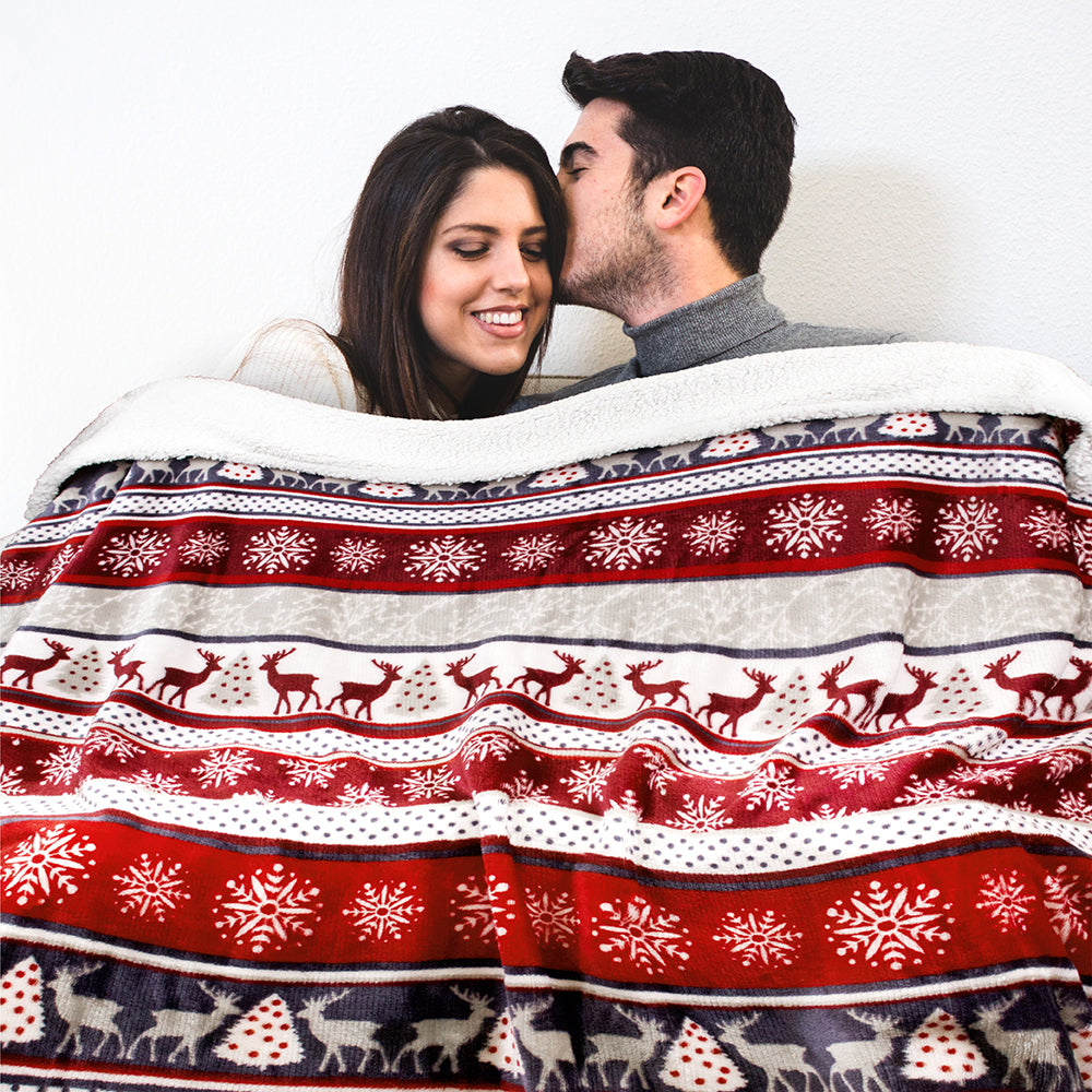 Christmas Blanket Holiday Theme Print Warm Sherpa Fleece Throw Sofa Couch Bed