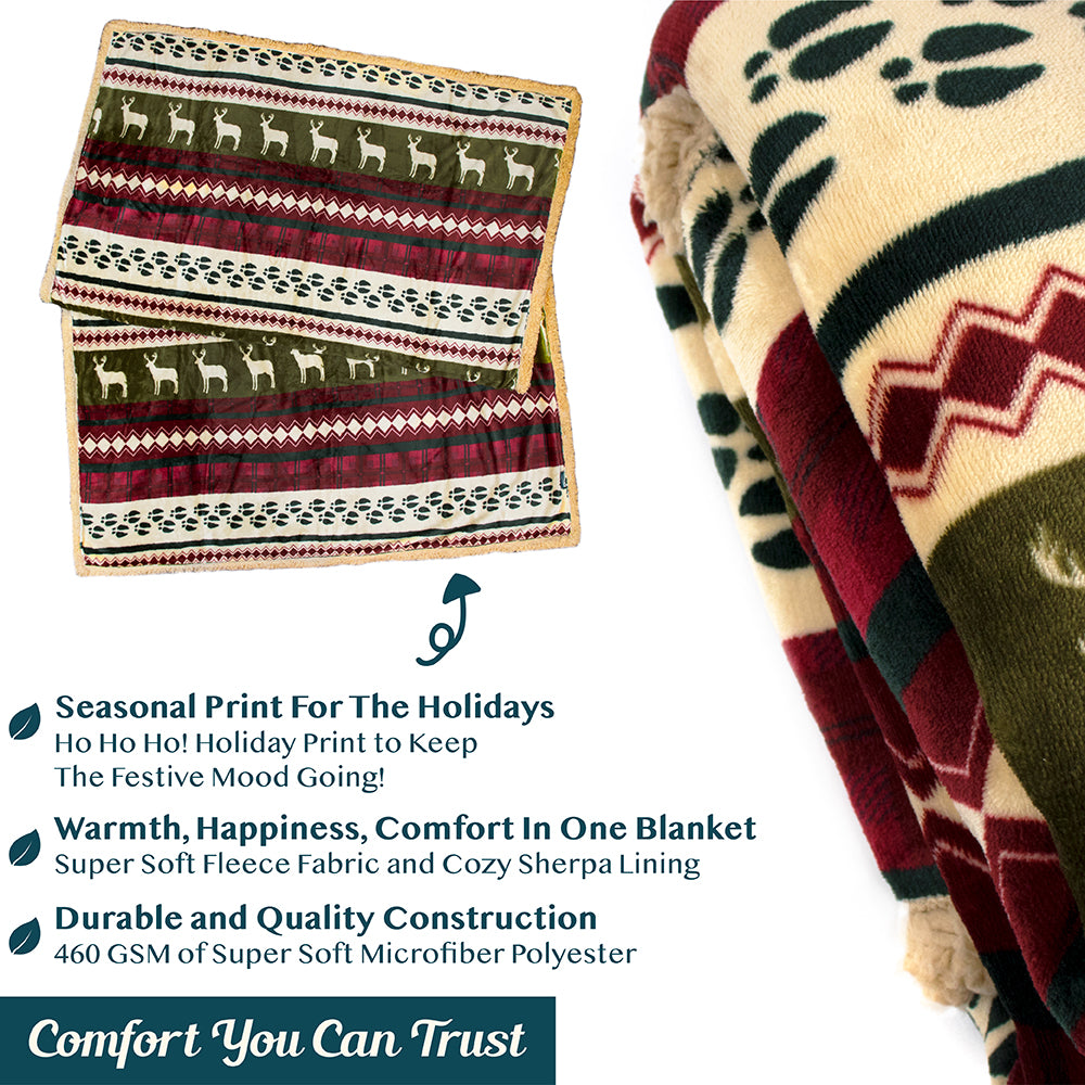 Christmas Blanket Holiday Theme Print Warm Sherpa Fleece Throw Sofa Couch Bed