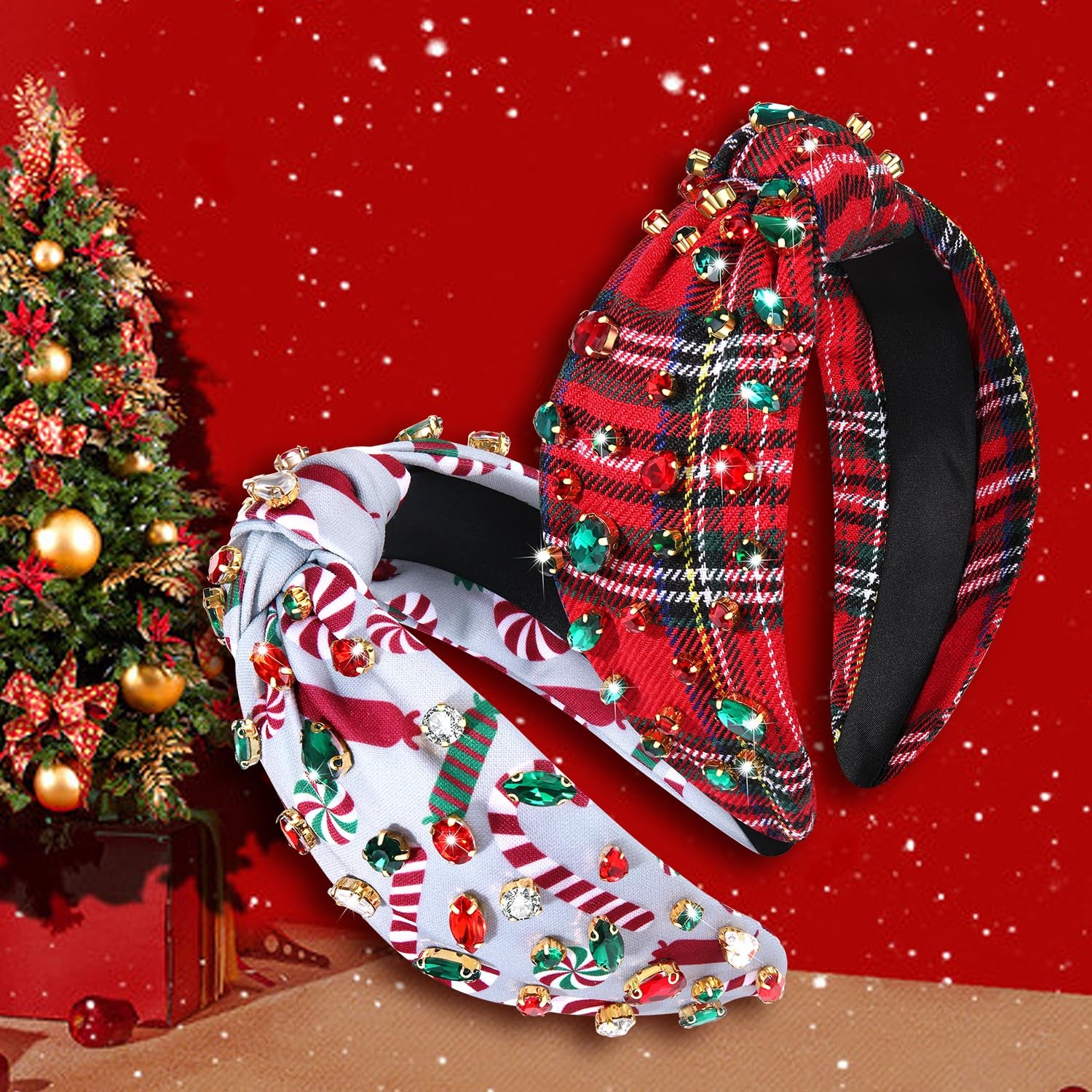 Christmas Headband for Women Holiday Accessories Decorations Xmas Tree Snowflake Hohoho Crystal Knotted Headband Christmas Festive Headwear Party Gifts (Candy Cane Plaid)