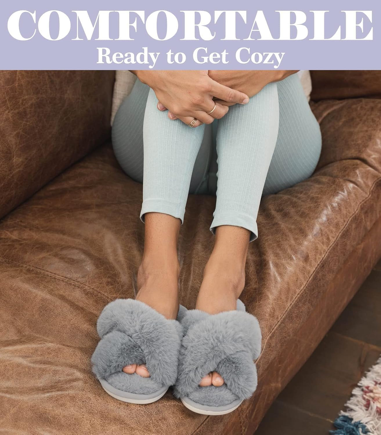 Womens Fuzzy Memory Foam Slippers Cross Band Cozy Plush Home Slippers Fluffy Furry Open Toe House Shoes Indoor Outdoor Slide Slipper