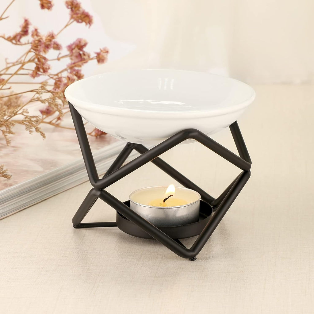 Euro Metal Oil Burner Wax Warmer, Delicate Romantic Ceramic Tealight Candle Holder Oil Burner, Fragrance Warmer Aromatherapy Wax Candle Tart Burner Warmer Diffuser for Home Bedroom Décor