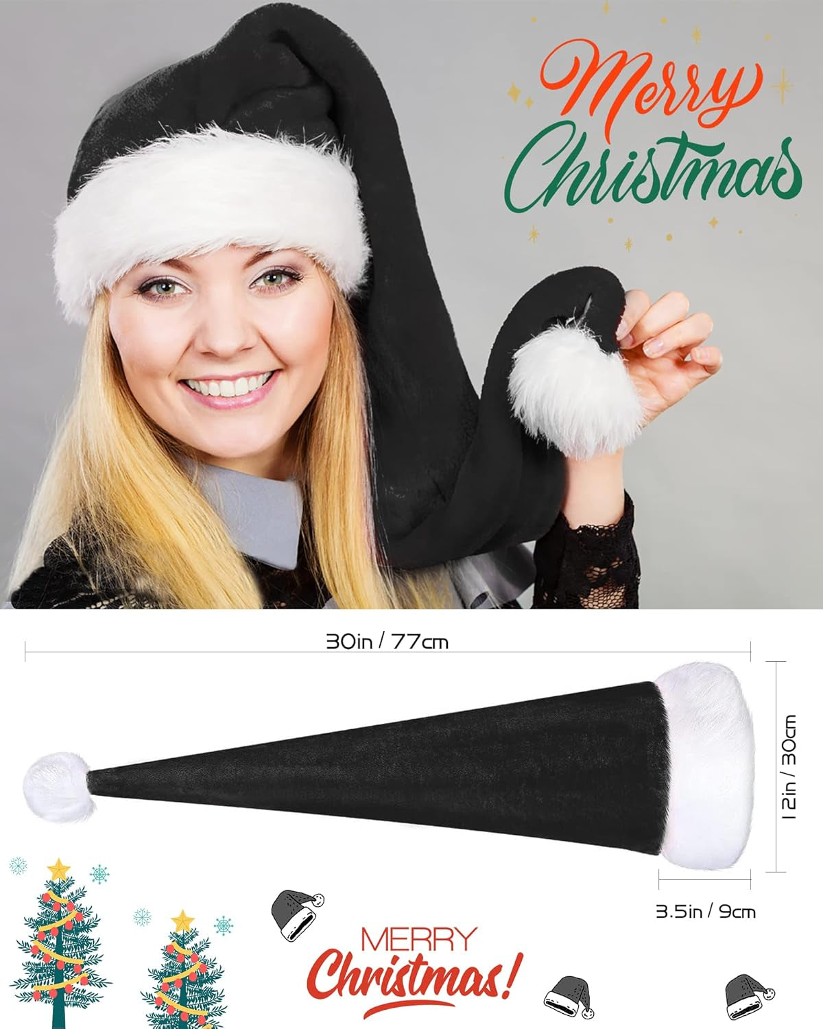 Long Black Santa Hat Goth Christmas Hat Adults Xmas Santa Claus Hats New Year Fe