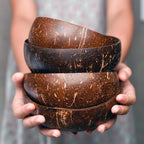 Natural Coconut Bowls and Spoons Set of 2 - Polished with Coconut Oil, Durable, Lightweight, Useful, Large Wooden Serving Bowl for Salads, Breakfast, Decoration, Vegan Organic Friendly