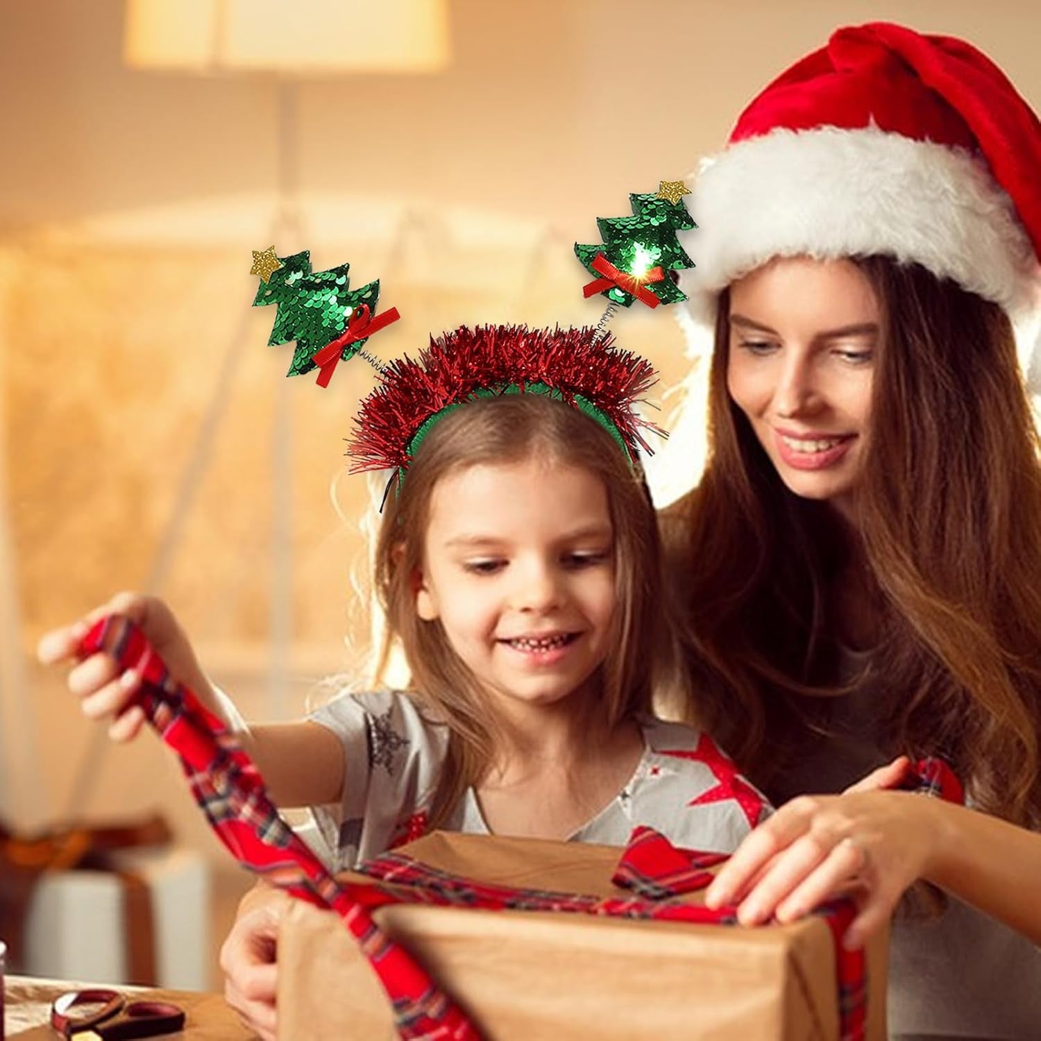 Christmas Tree Headbands Happy Christmas Hairbands Green Glitter Hair Hoop Bow Red Ribbon Design Xmas Hair Band Festival Headwear Hair Accessories for Christmas Party
