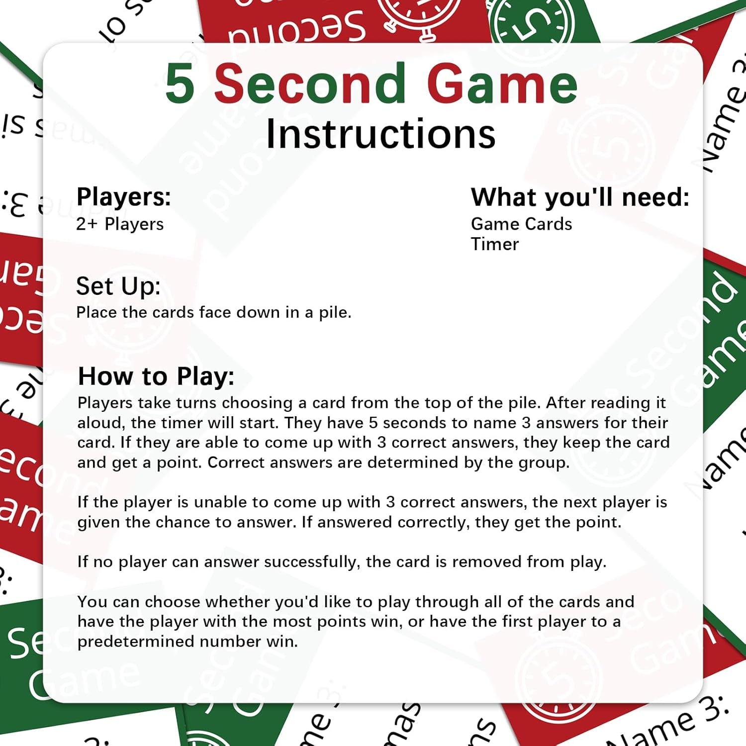 Christmas 5 Second Game, Christmas Party Games 72 Cards and 5 Second Hourglass F
