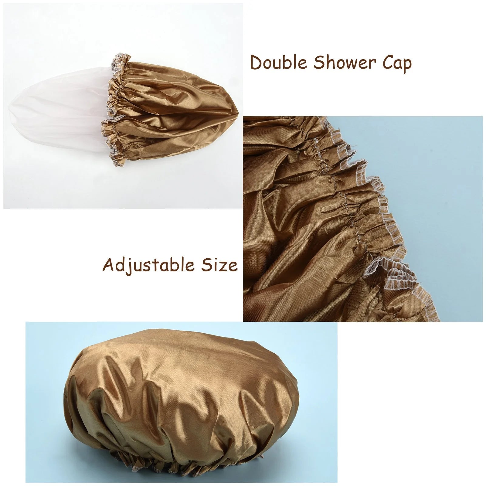 HEQUSIGNS 3 Pcs Satin Shower Cap, Double Layer Washable Shower Cap, Adjustable Elastic Band Bath Cap for Women Girls
