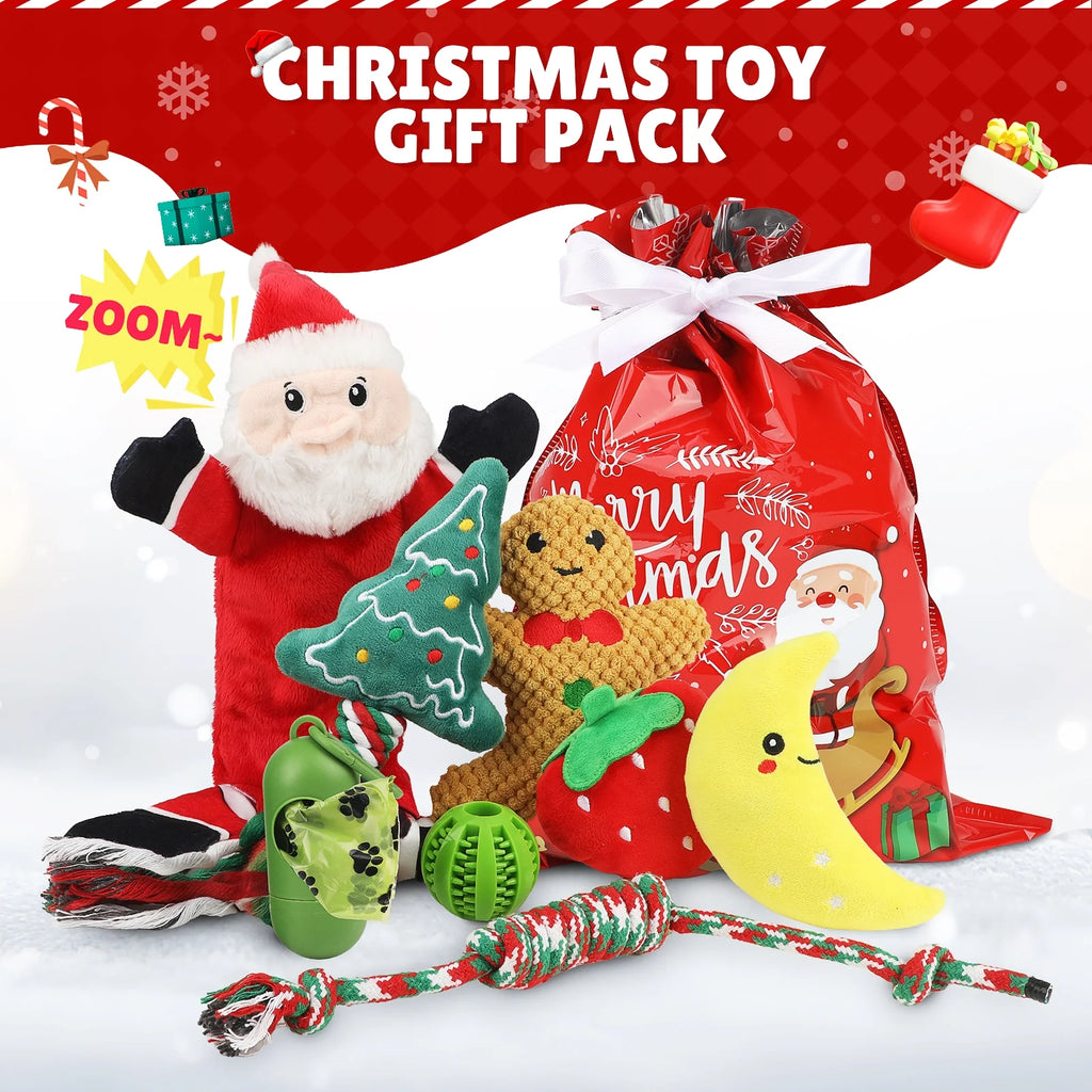 Christmas Dog Toys, Puppy Chew Toy for Teething and Training with Gift Bag, Tough Xmas Gift Plush Squeaky Toy for Small Dogs