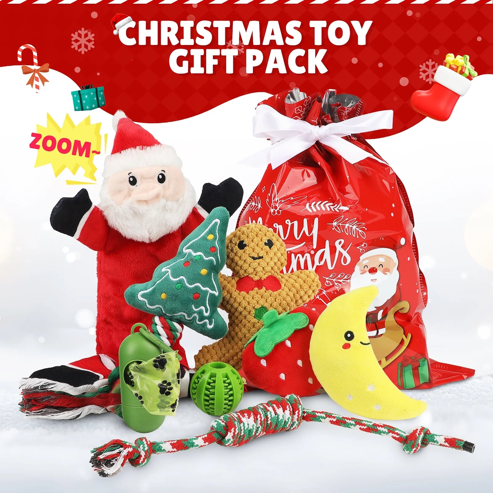 Christmas Dog Toys, Puppy Chew Toy for Teething and Training with Gift Bag, Tough Xmas Gift Plush Squeaky Toy for Small Dogs