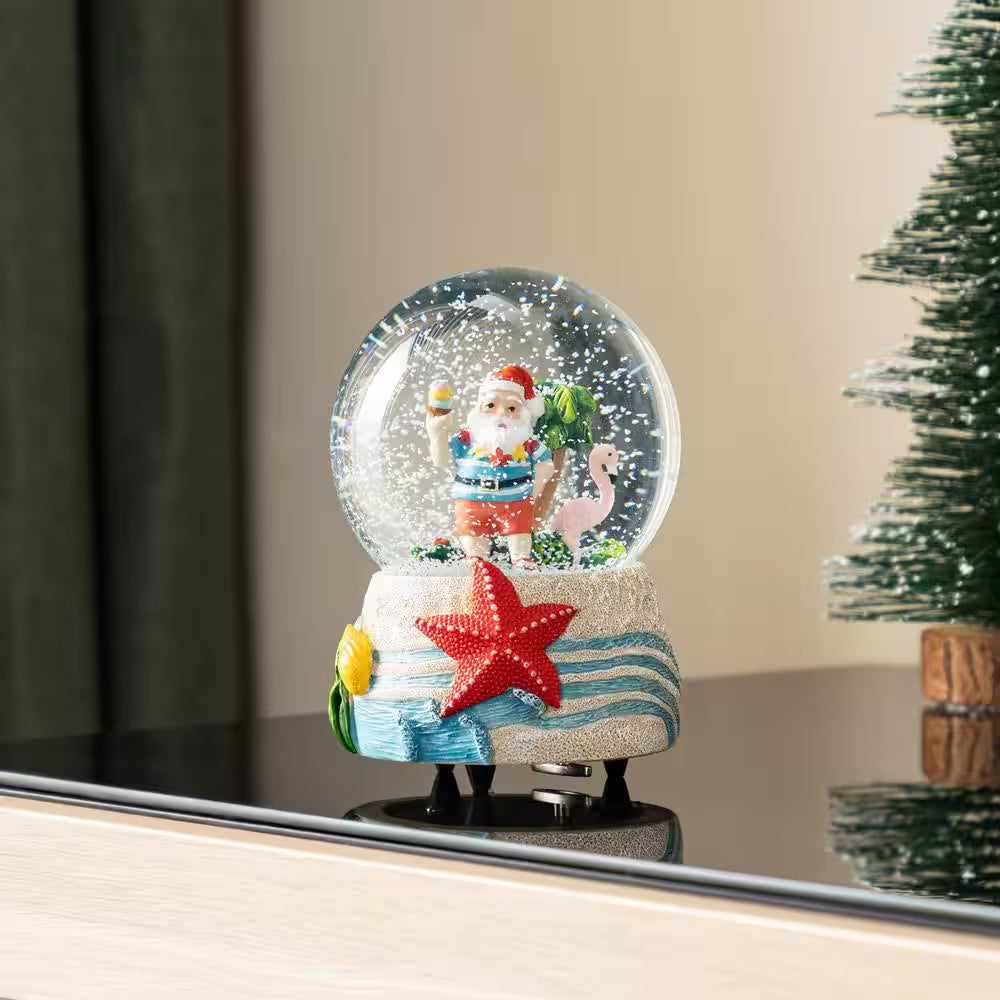5.12 In. H Christmas Resin Musical Snowflakes Santa on Vacation Waterglobe