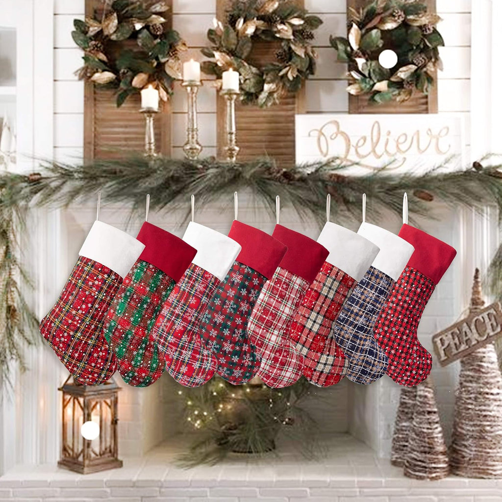 8 Pack Christmas Stocking(20Inch) Plaid Snowflake Canvas Fireplace Hanging Xmas Stockings for Family Decorations Holiday Party Decor