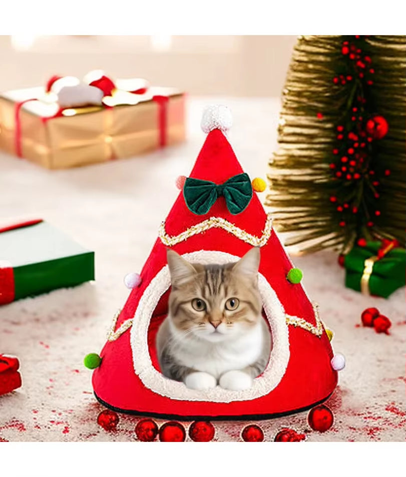 Christmas Tree Shape Cat Nest Semi-Enclosed Cat Beds Plush Warm Cat House Pet Tent House for Puppy Small Dog Bed