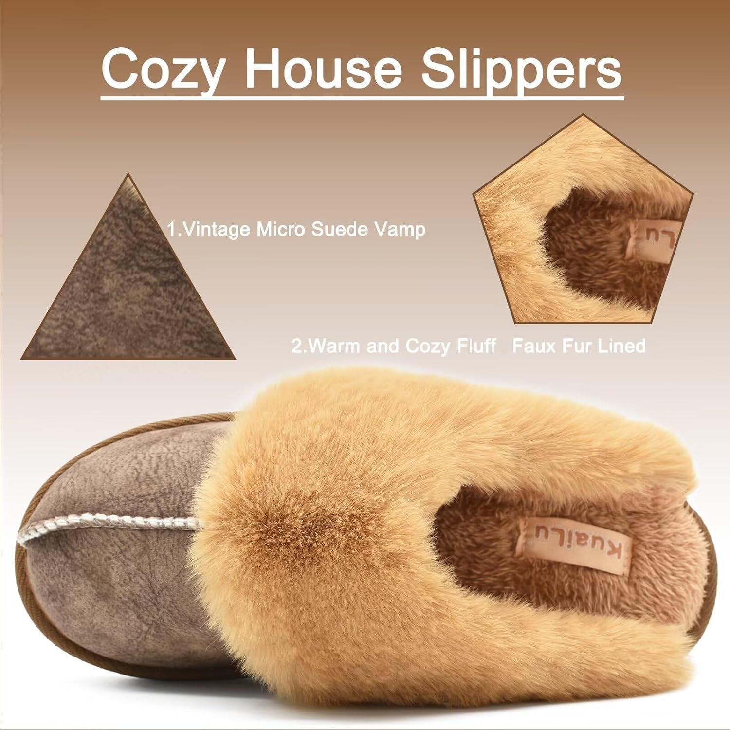 Womens Fluff Dual Memory Foam Slippers Ladies Cozy Arch Support Warm Scuff Slippers Slip on Comfy Winter House Shoes with Non-Slip Indoor Outdoor Hard Sole