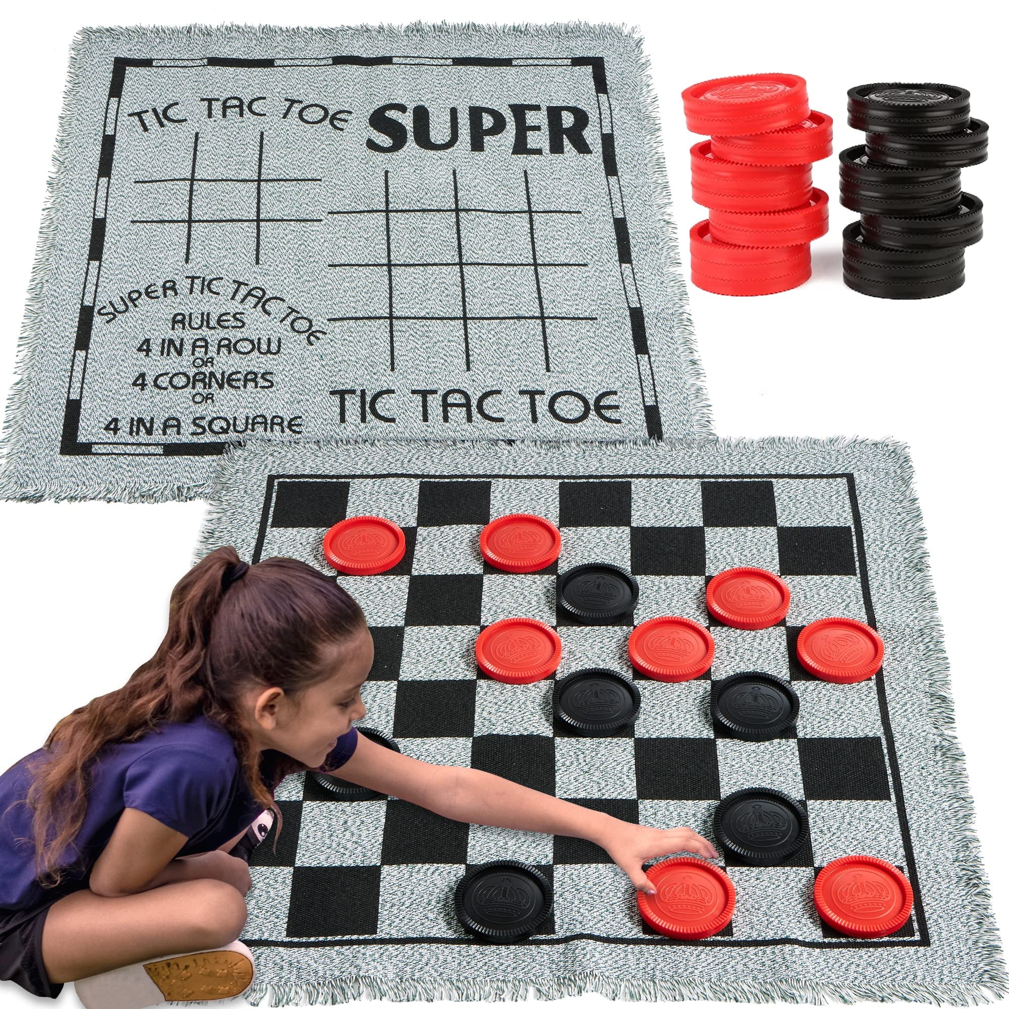 3-In-1 Vintage Giant Checkers, Tic Tac Toe Game, Indoor Outdoor Family Game for Kids and Adults