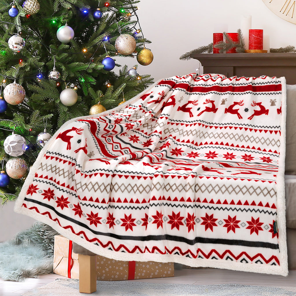 Christmas Blanket Holiday Theme Print Warm Sherpa Fleece Throw Sofa Couch Bed