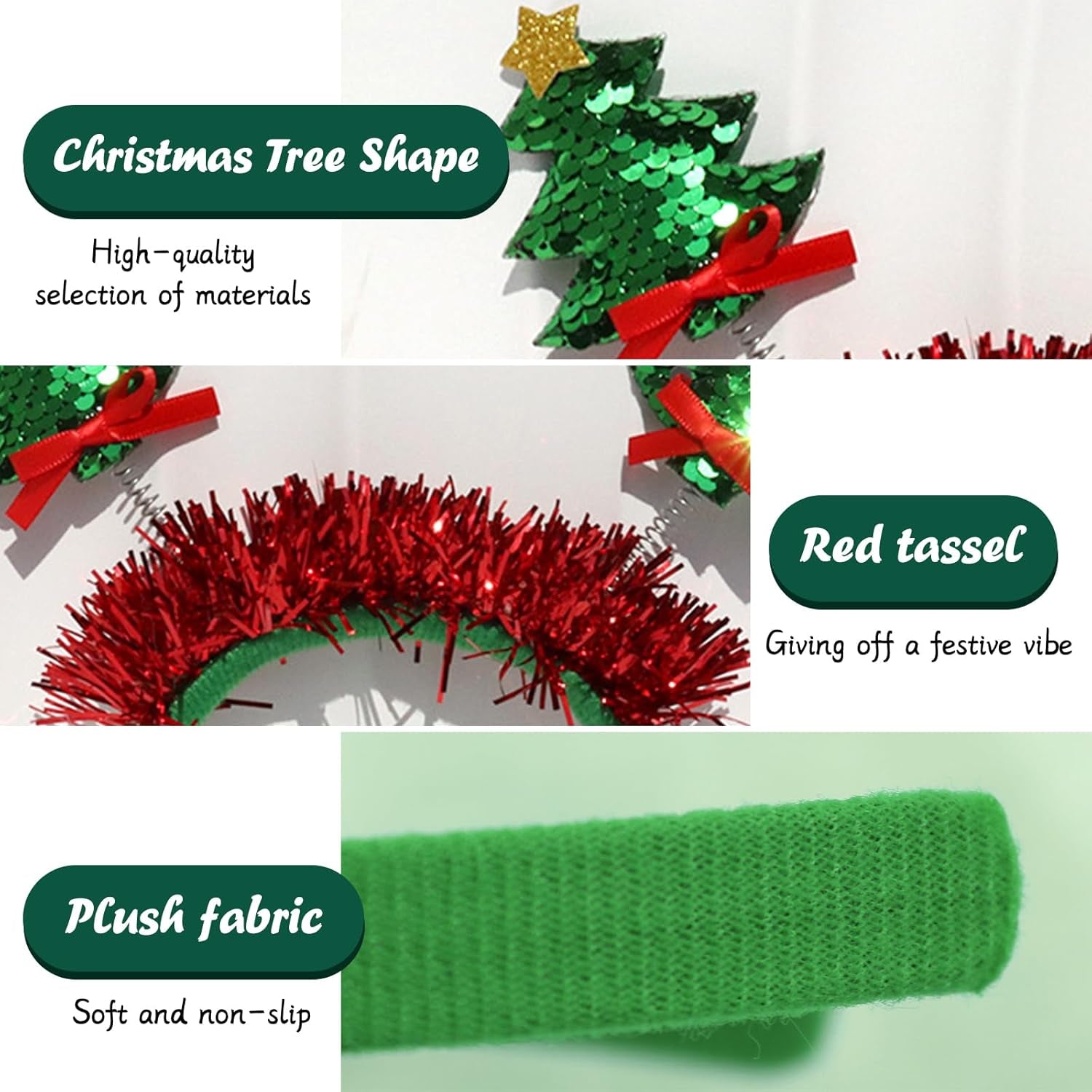 Christmas Tree Headbands Happy Christmas Hairbands Green Glitter Hair Hoop Bow Red Ribbon Design Xmas Hair Band Festival Headwear Hair Accessories for Christmas Party