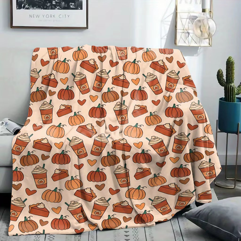 1Pc Pumpkin Spice Latte Fall Thanksgiving Blanket - Soft Flannel Throw with Pumpkin, Beige Autumn Decor for Home, Office
