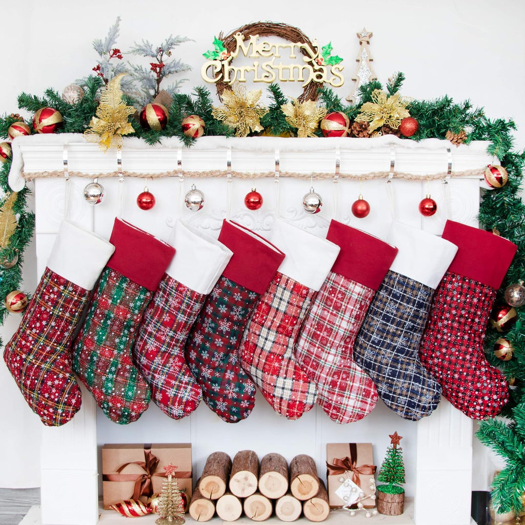 8 Pack Christmas Stocking(20Inch) Plaid Snowflake Canvas Fireplace Hanging Xmas Stockings for Family Decorations Holiday Party Decor