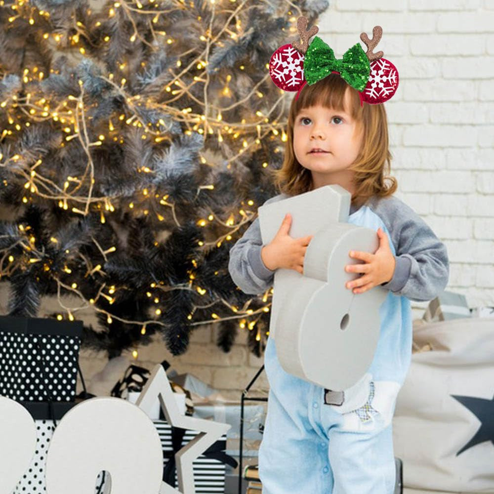 1 Pack Christmas Snowflake Headbands Mouse Ears Hairband Elk Antler Hair Hoop Green Red Glitter Sequins Bow Headband Hair Ornament for Christmas Cosplay Princess Dress up Party Hair Accessories