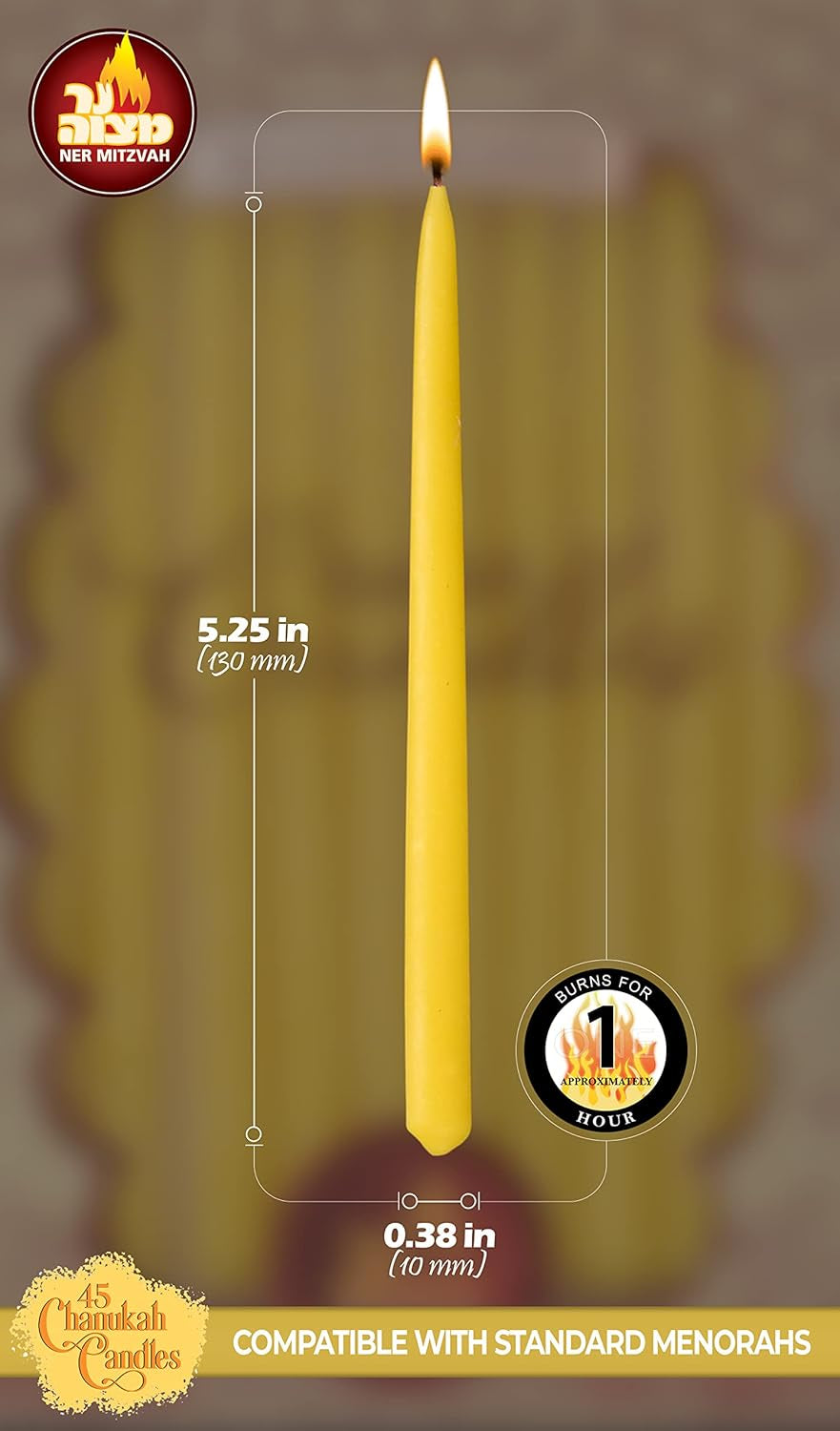 Beeswax Chanukah Candles Most Menorahs - Beeswax Candles, Premium Quality Pure Bees Wax for All 8 Nights of Hanukkah - Yellow - Standard Size Fits, 45 Count