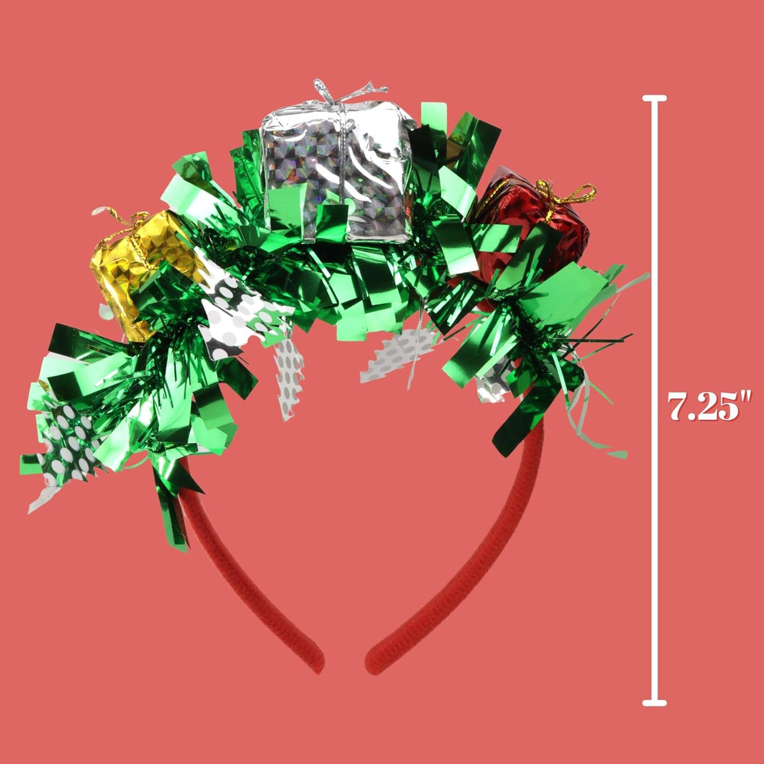 Tinsel Christmas Headband with Presents, Festive Hair Accessory for Women, One Size Fits Most, 6.25 X 7.25 Inches