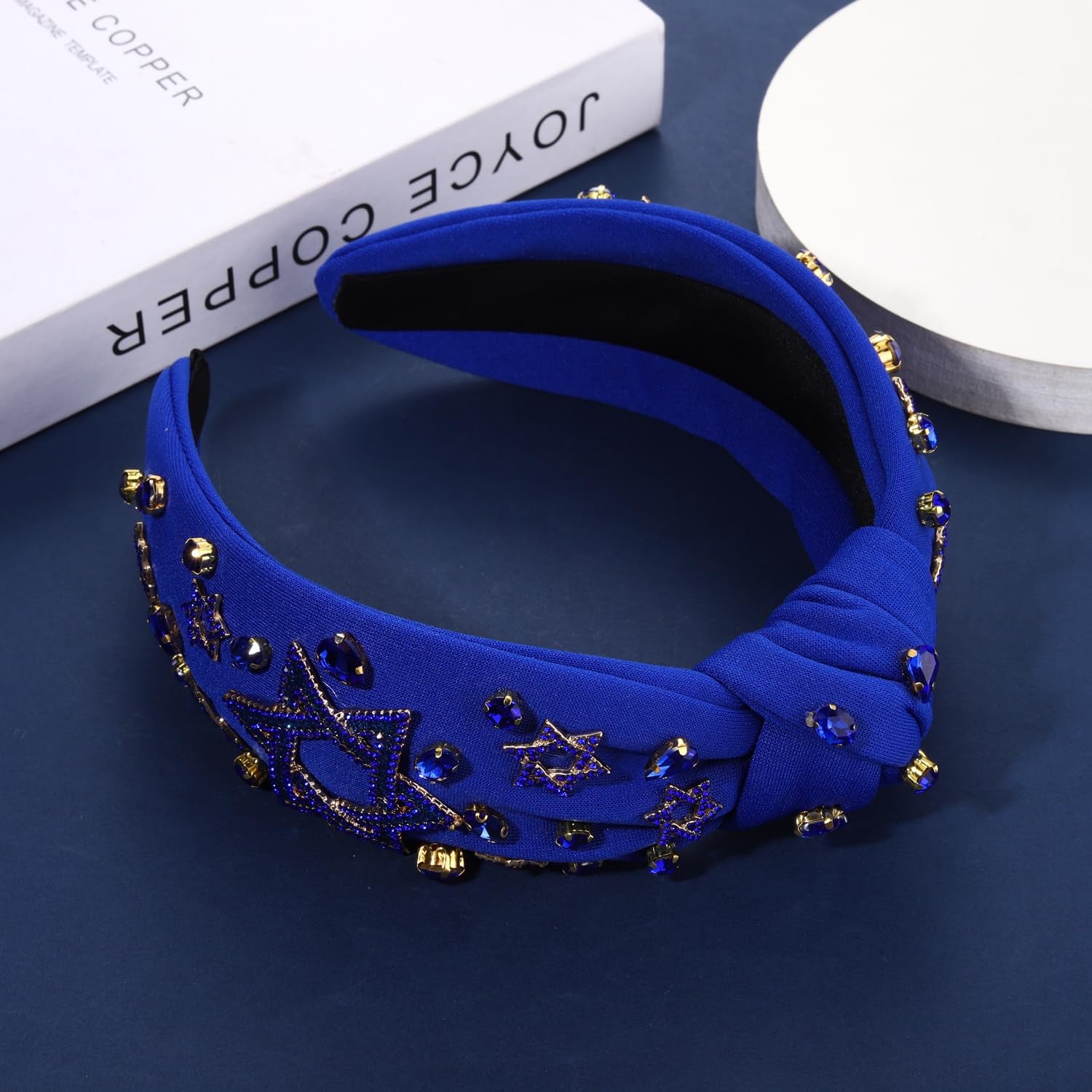 Hanukkah Headband for Women Cute Star Menorah Knotted Headband Blue Embellished Crystal Rhinestone Headbands Hanukkah Hair Accessories Holiday Jewelry Party Gifts (Style D)