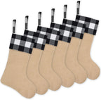6 Pack Burlap Christmas Stockings- 18 Inch Big Christmas Stockings with Buffalo Check Cuff Fireplace Hanging Stockings for Family Christmas Decoration Holiday Season Party Decor