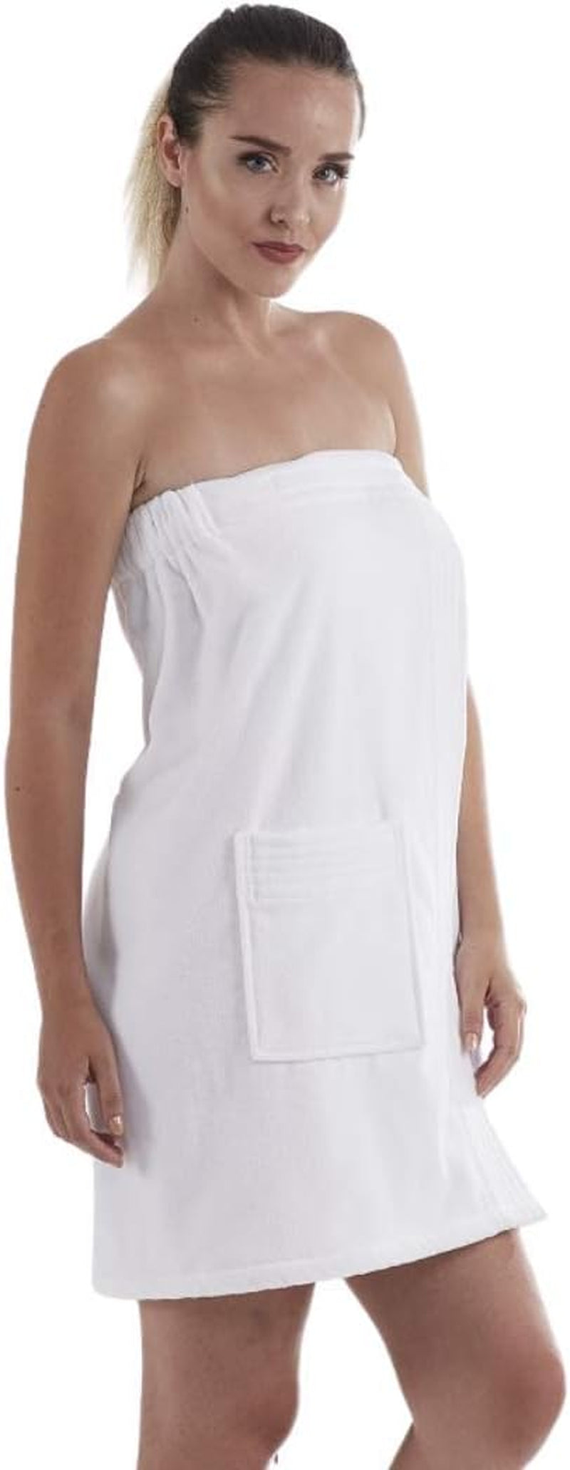 C&B Women'S Wrap Towel - 100% Organic Turkish Cotton Adjustable for Spa Gym Pool W Pocket (White)