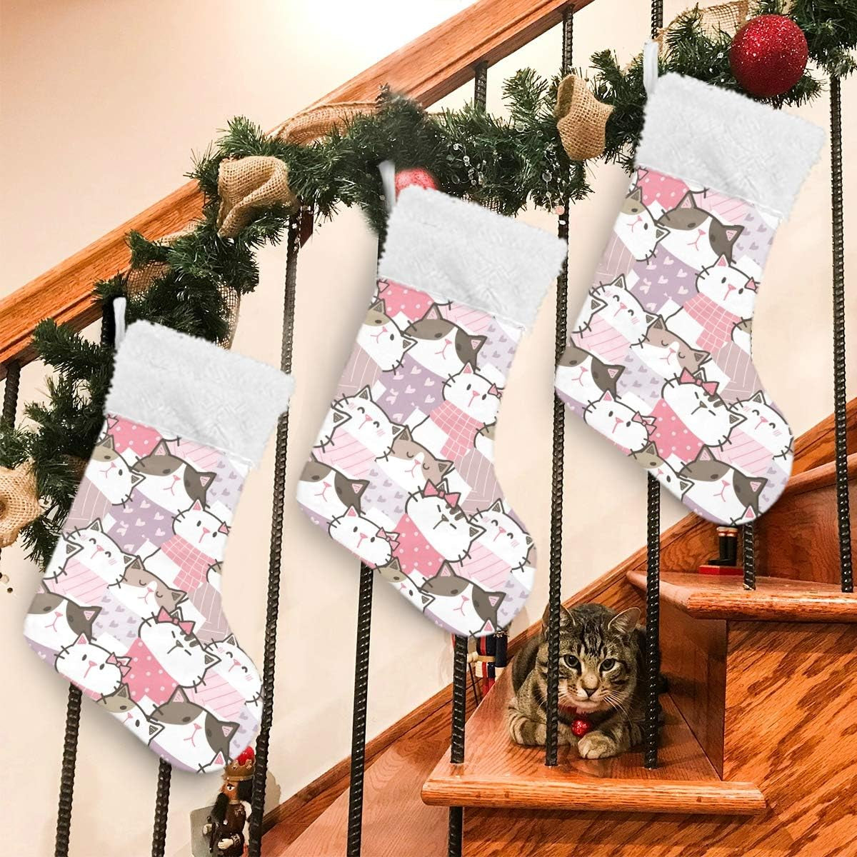 Christmas Stockings, 18 Inches Burlap with Plush Faux Fur Cuff Stockings Cute Cartoon Cat Kitten Print Family Holiday Xmas Party Decorations