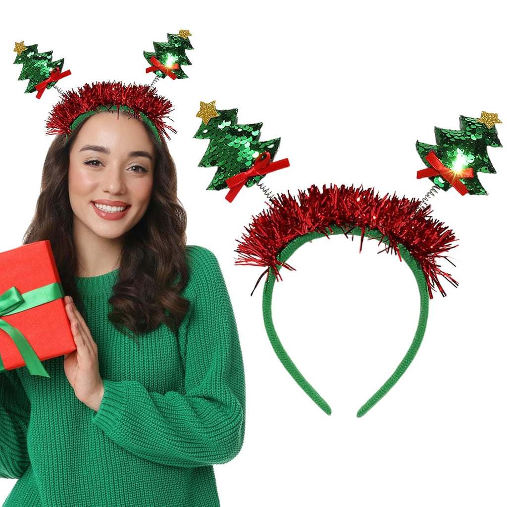 Christmas Tree Headbands Happy Christmas Hairbands Green Glitter Hair Hoop Bow Red Ribbon Design Xmas Hair Band Festival Headwear Hair Accessories for Christmas Party
