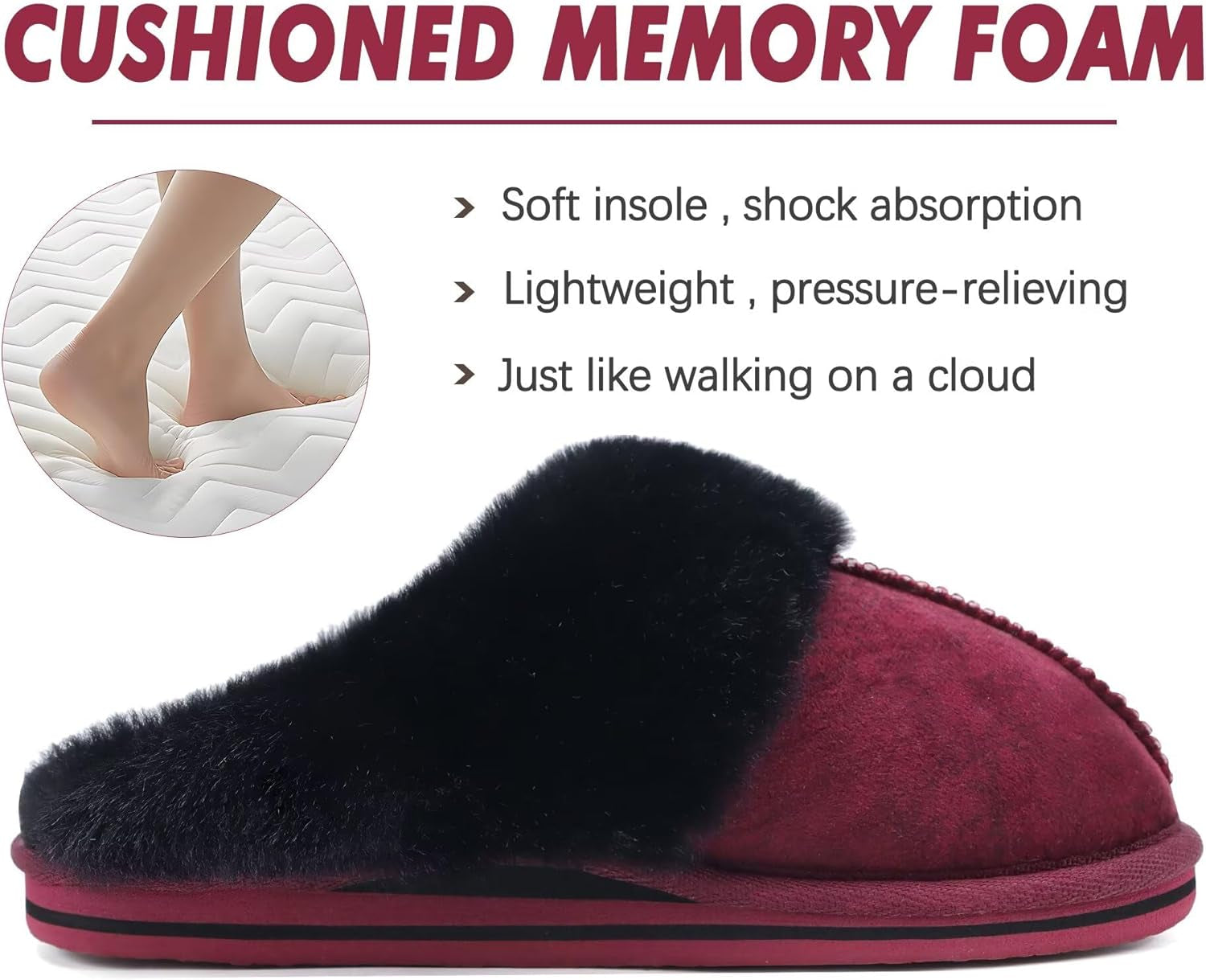 Womens Fluff Dual Memory Foam Slippers Ladies Cozy Arch Support Warm Scuff Slippers Slip on Comfy Winter House Shoes with Non-Slip Indoor Outdoor Hard Sole