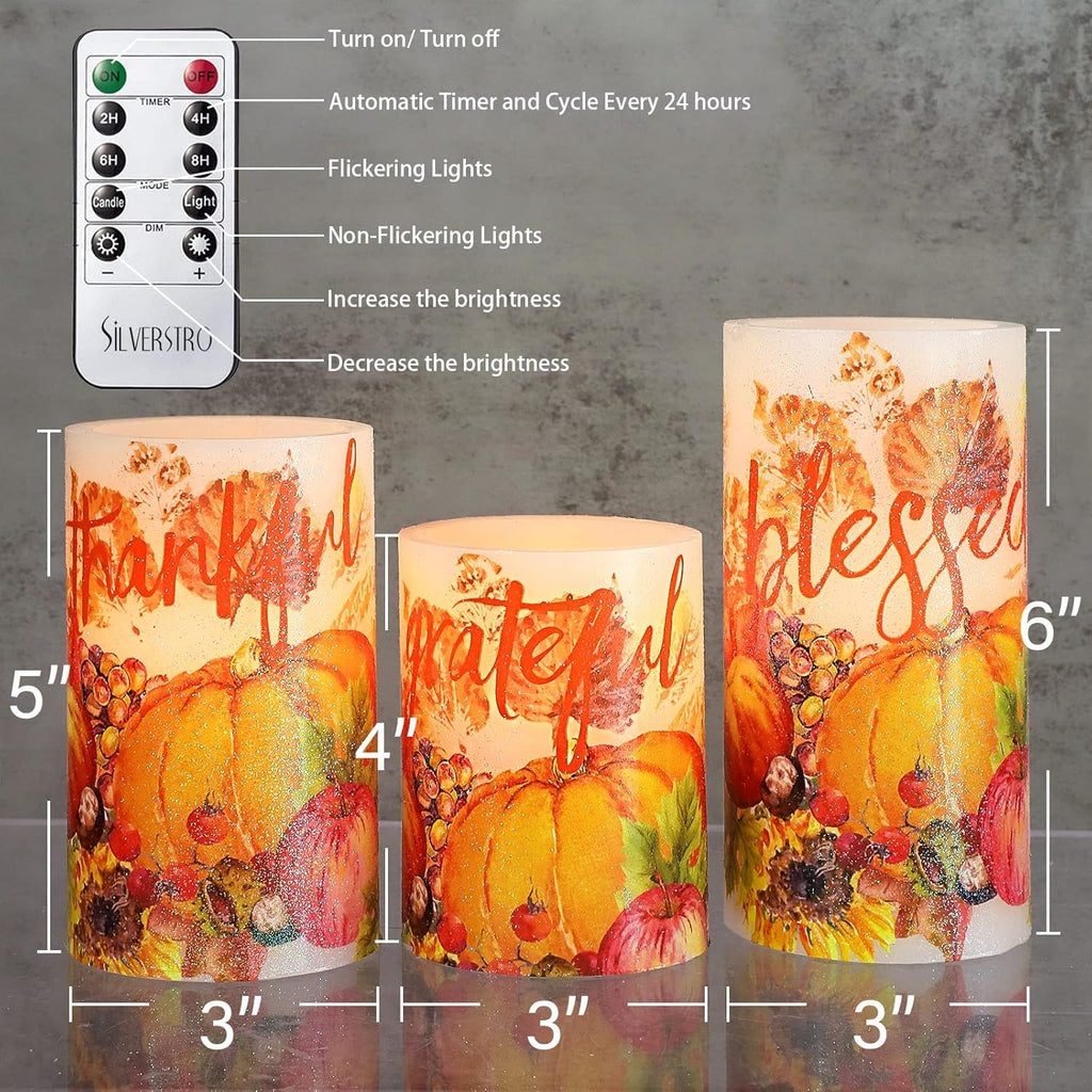 Pumpkin Flameless Candles with Remote Real Wax LED Candles - Home Party Christmas Botanical Fall Thanksgiving Decor - Set of 3