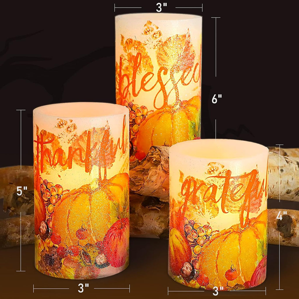 Pumpkin Flameless Candles with Remote Real Wax LED Candles - Home Party Christmas Botanical Fall Thanksgiving Decor - Set of 3