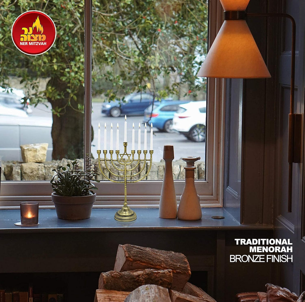 Traditional Bronze Candle Menorah - Chanukah Candles - 9" High