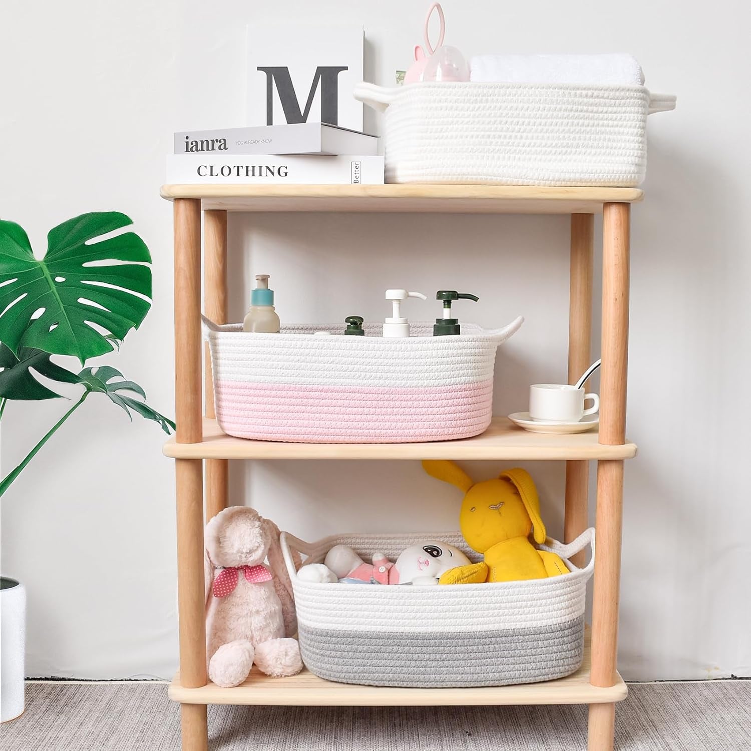 Small Storage Basket with Handles, Cotton Rope Woven Dog Cat Toy Bin, Decorative Shelves Closet Organizing for Nursery Laundry Bedroom, 14.2''X 11''X 5.1''