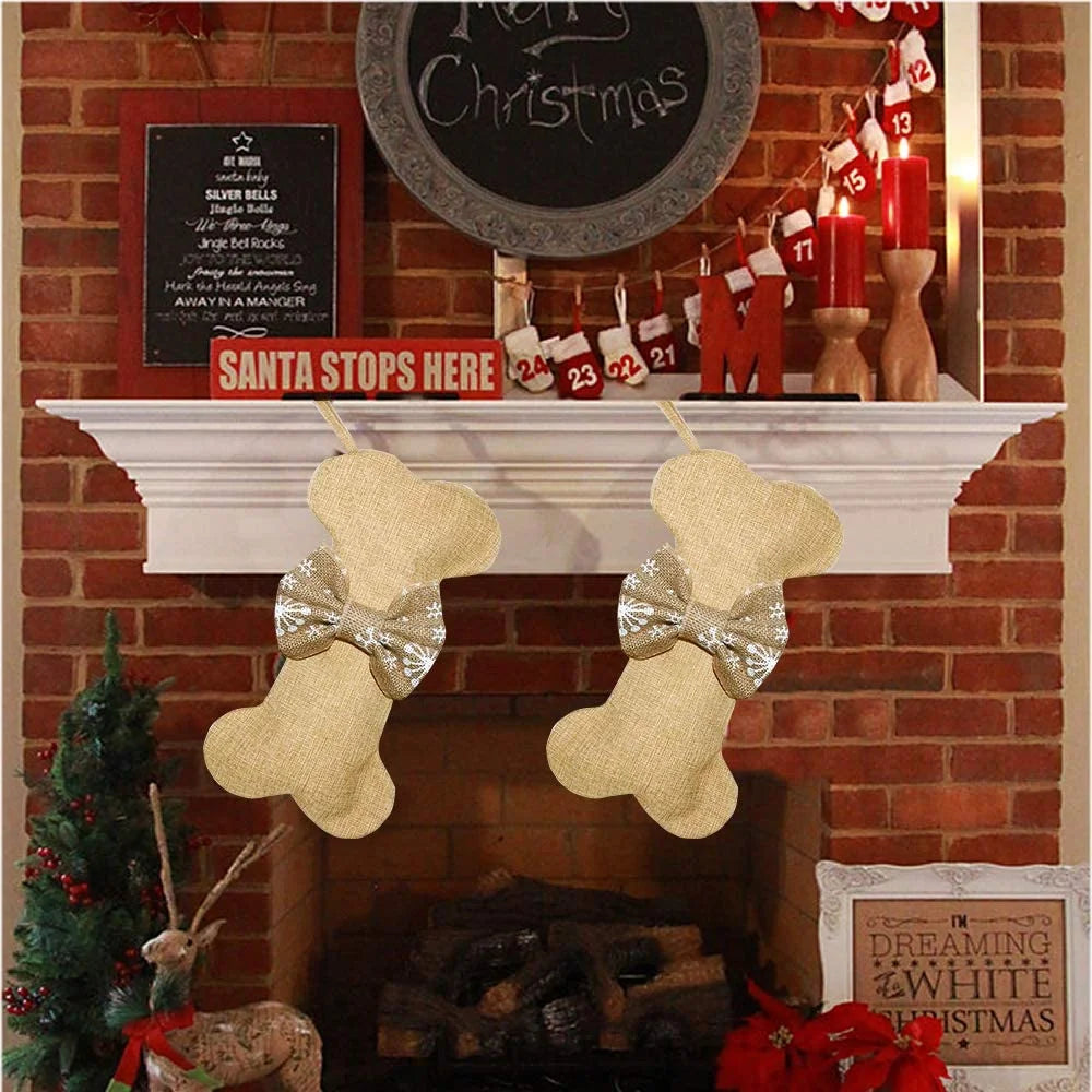 Dog Bone Christmas Stockings 16 Inch Large Line Pet Christmas Stockings with Bowknot Burlap Fireplace Hanging Stockings Gift Bags for Christmas Decorations