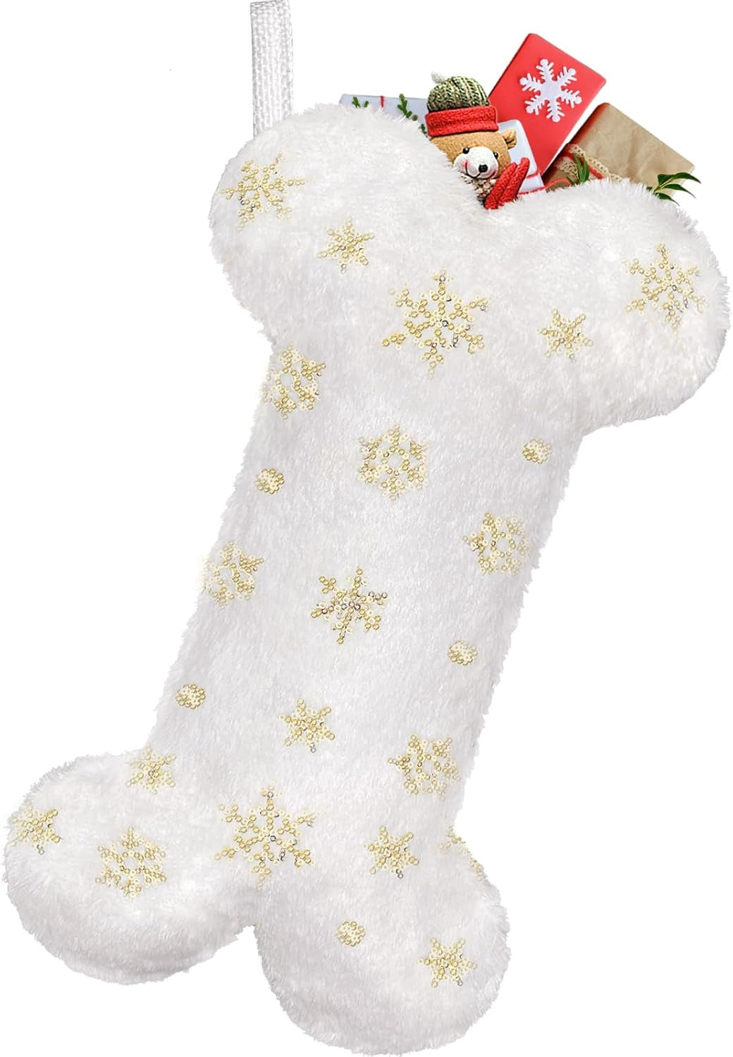Pet Dog Christmas Stocking, Xmas Luxury Faux Fur Large Bone Shape Hanging with Silver & Gold Snowflakes Sequin Decorations Pets Christmas Stockings for Dogs Cats Pets (Gold Sequins)
