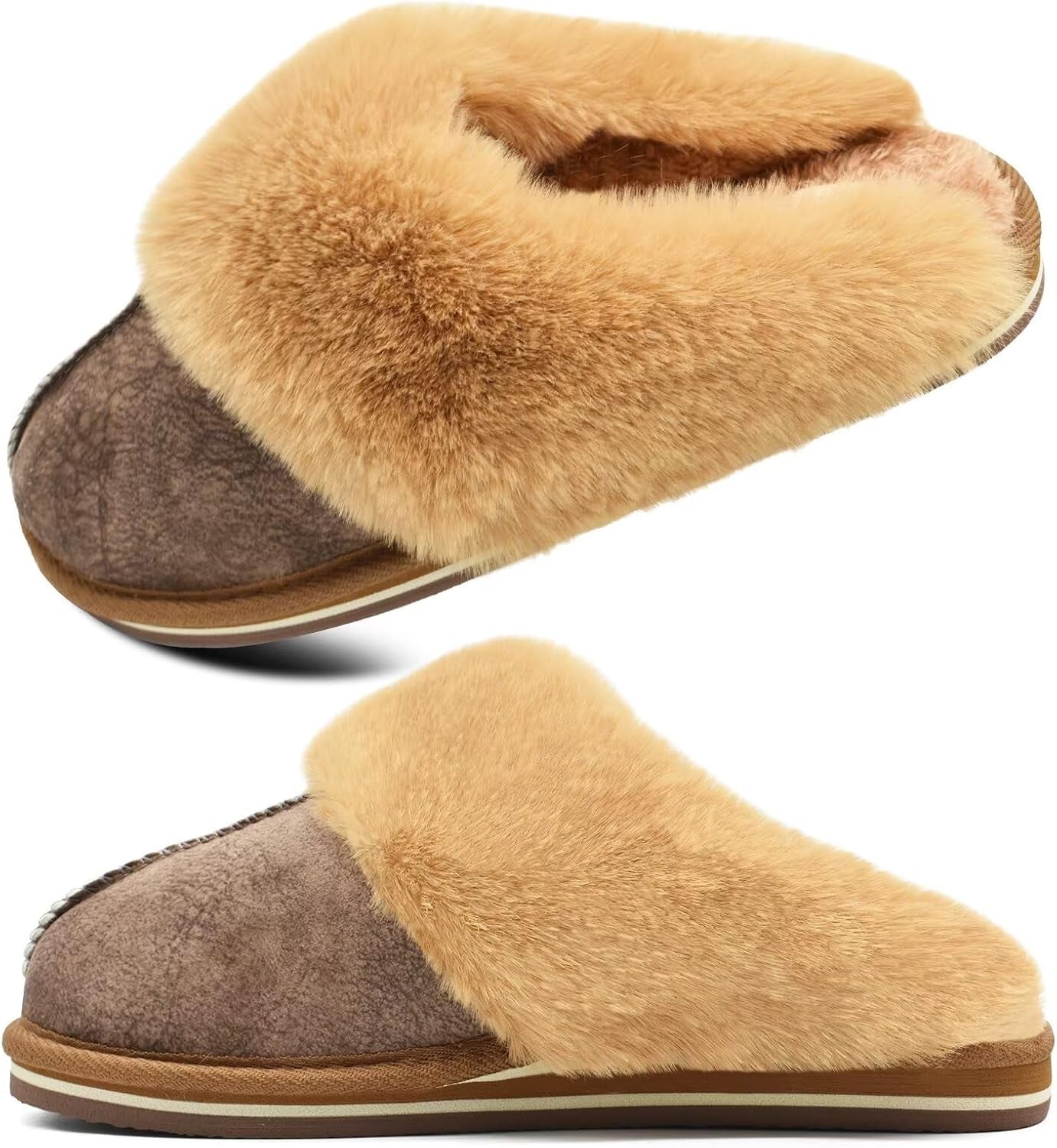 Womens Fluff Dual Memory Foam Slippers Ladies Cozy Arch Support Warm Scuff Slippers Slip on Comfy Winter House Shoes with Non-Slip Indoor Outdoor Hard Sole