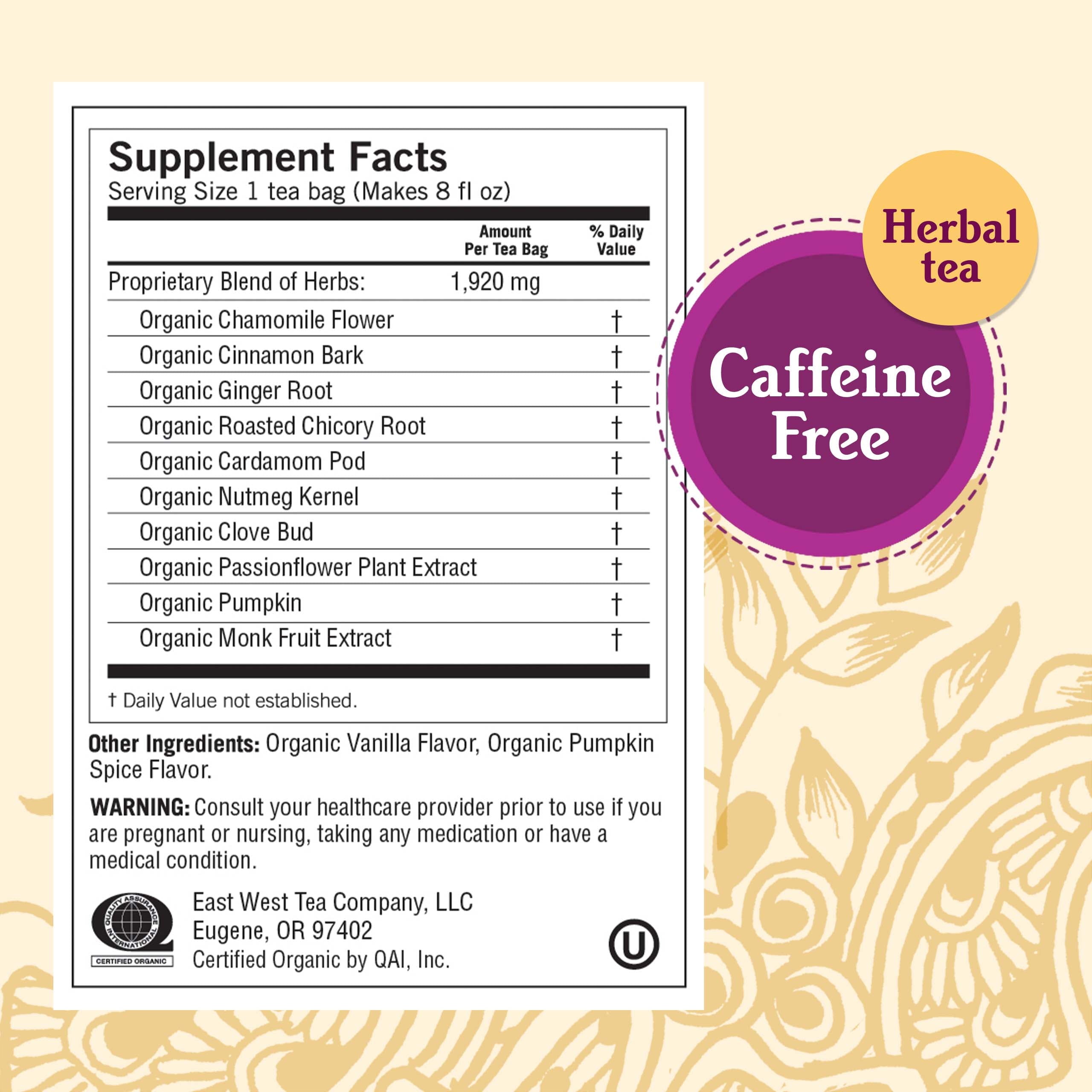 Pumpkin Spice, Caffeine Free Herbal Tea Bags, 16 Count