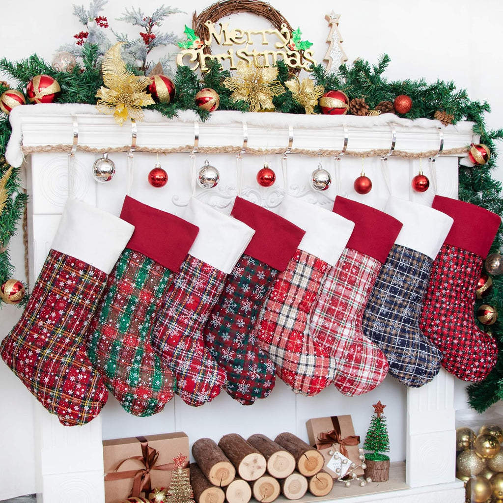8 Pack Christmas Stocking(20Inch) Plaid Snowflake Canvas Fireplace Hanging Xmas Stockings for Family Decorations Holiday Party Decor