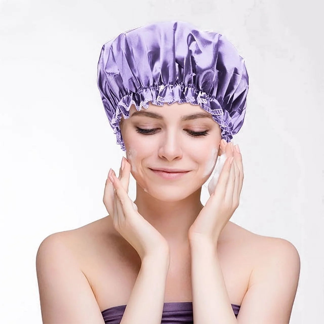 HEQUSIGNS 3 Pcs Satin Shower Cap, Double Layer Washable Shower Cap, Adjustable Elastic Band Bath Cap for Women Girls