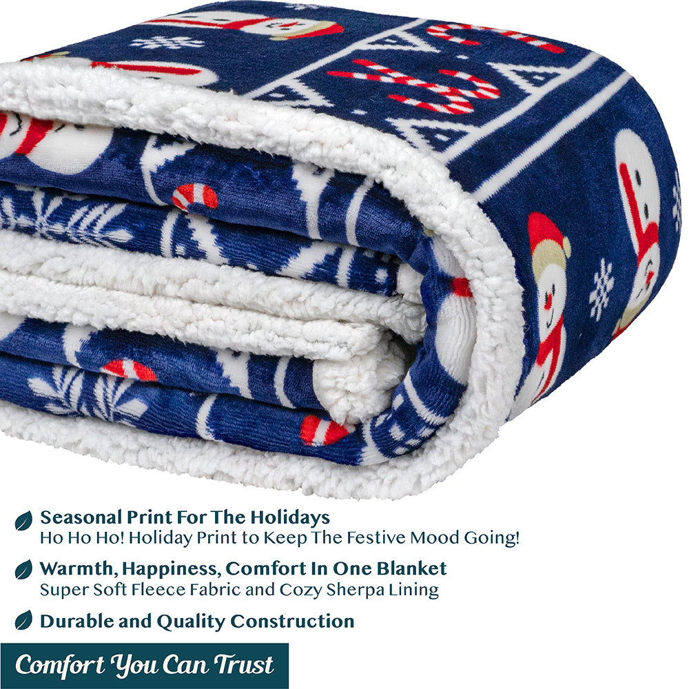 Christmas Blanket Holiday Theme Print Warm Sherpa Fleece Throw Sofa Couch Bed