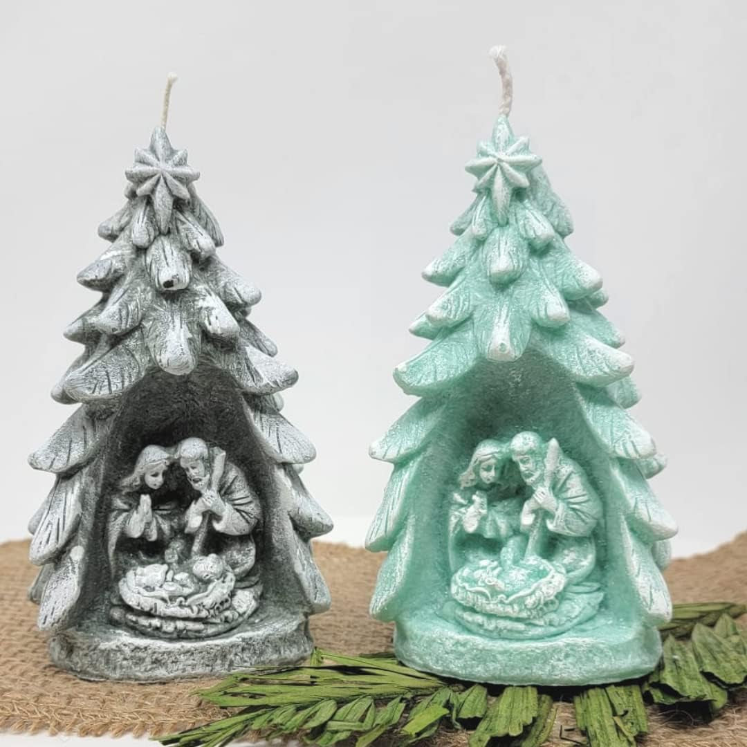 Christmas Tree Candle with Nativity- Nativity Scene Unique Christmas Gift (Pink)