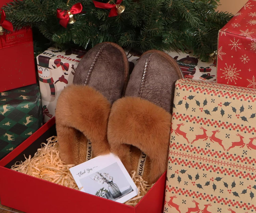 Womens Fluff Dual Memory Foam Slippers Ladies Cozy Arch Support Warm Scuff Slippers Slip on Comfy Winter House Shoes with Non-Slip Indoor Outdoor Hard Sole