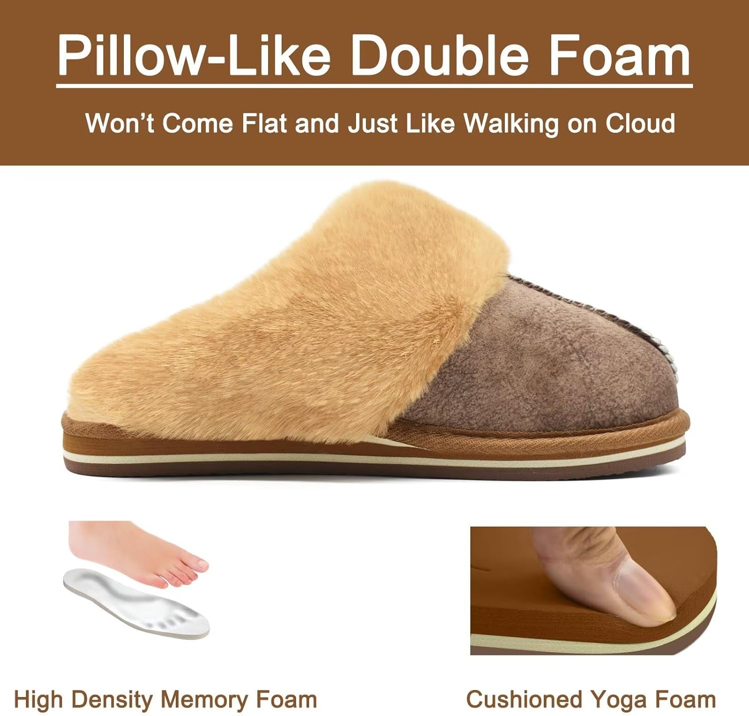 Womens Fluff Dual Memory Foam Slippers Ladies Cozy Arch Support Warm Scuff Slippers Slip on Comfy Winter House Shoes with Non-Slip Indoor Outdoor Hard Sole