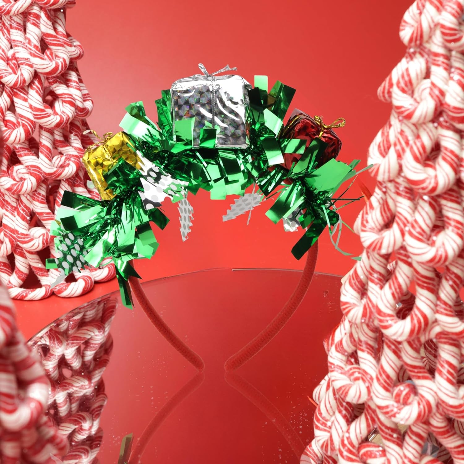 Tinsel Christmas Headband with Presents, Festive Hair Accessory for Women, One Size Fits Most, 6.25 X 7.25 Inches